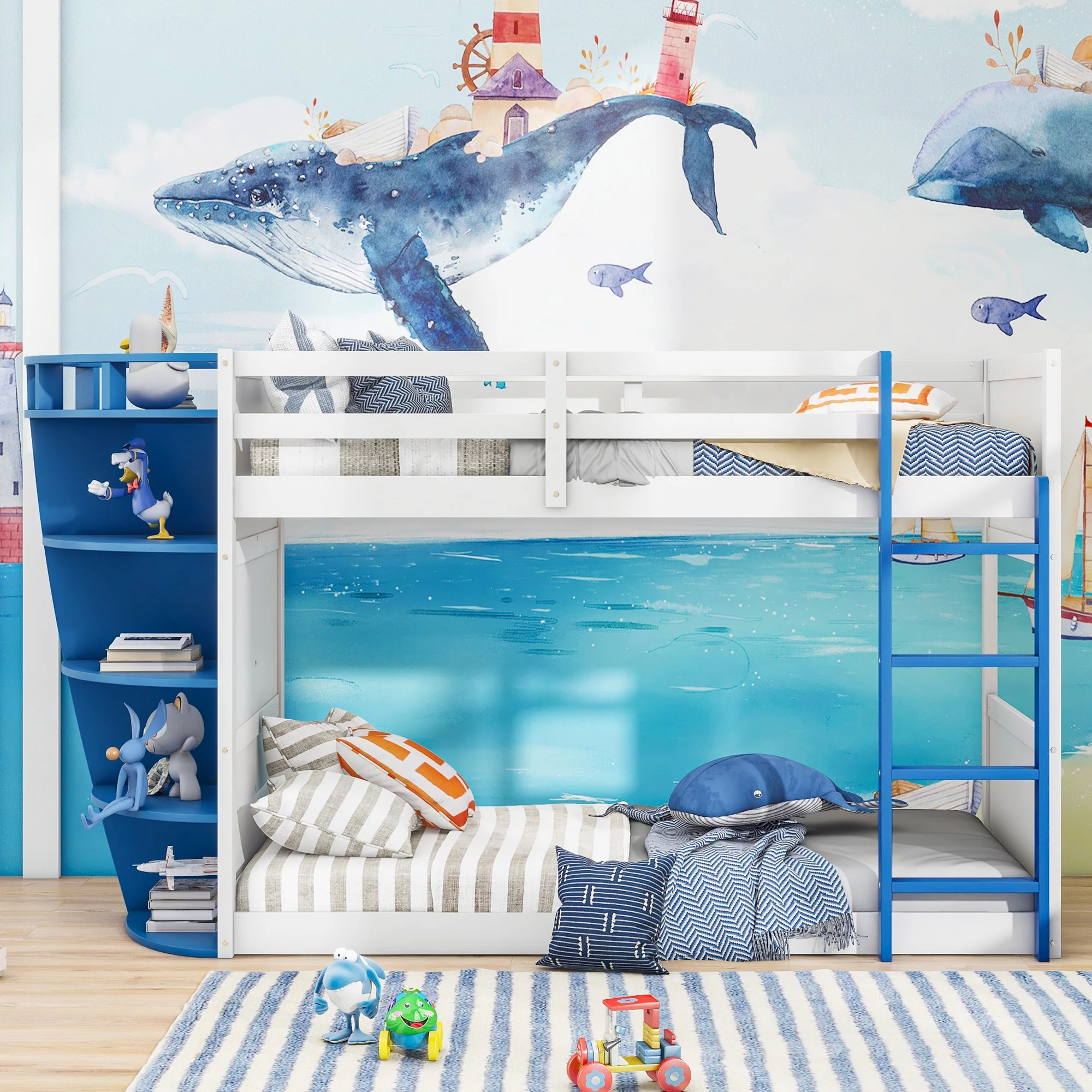 Churanty Twin Over Twin Boat-Like Bunk Bed with Storage Shelves, Twin Size Captains Bed Floor Low Bunk Bed Frame for Kids Teens Adults,White+Blue