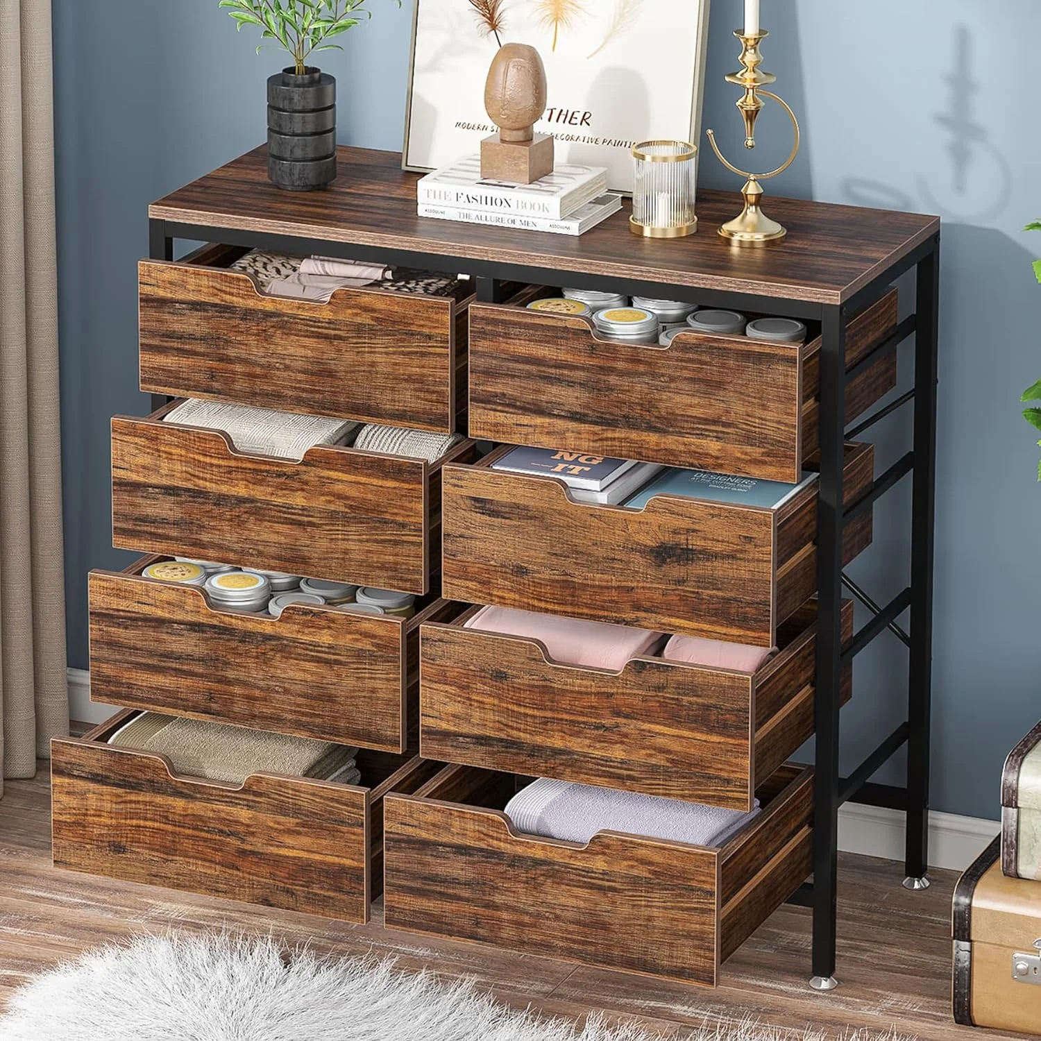 8 Drawer Dresser Wooden Tall Chest of Drawers with Ventilation Drawers Dresser for Bedroom Living Room Entryway Rustic Brown