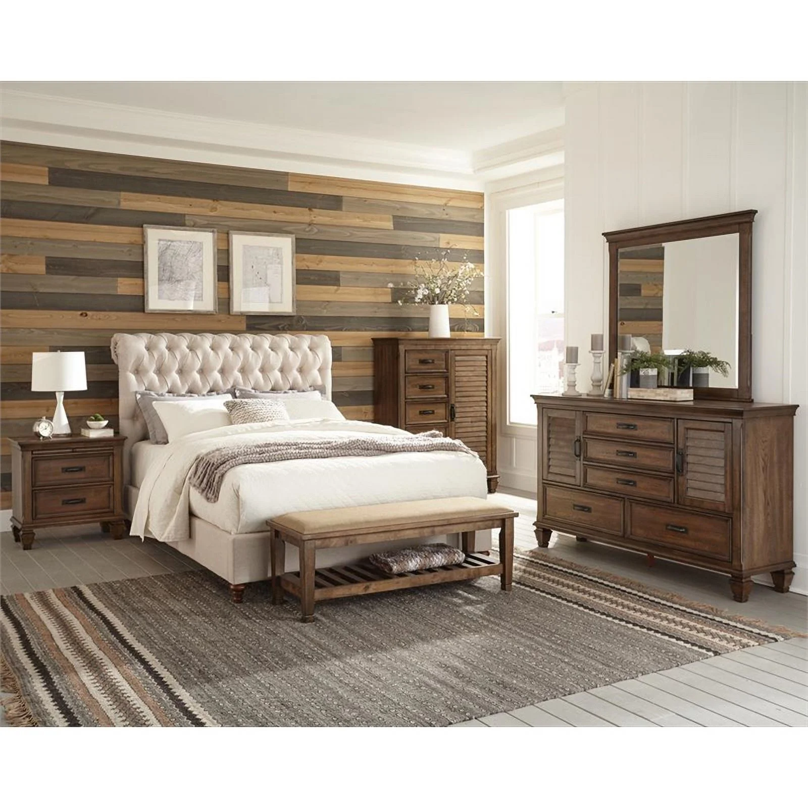 Maklaine 4-piece Wood Eastern King Bedroom Set Beige and Burnished Oak