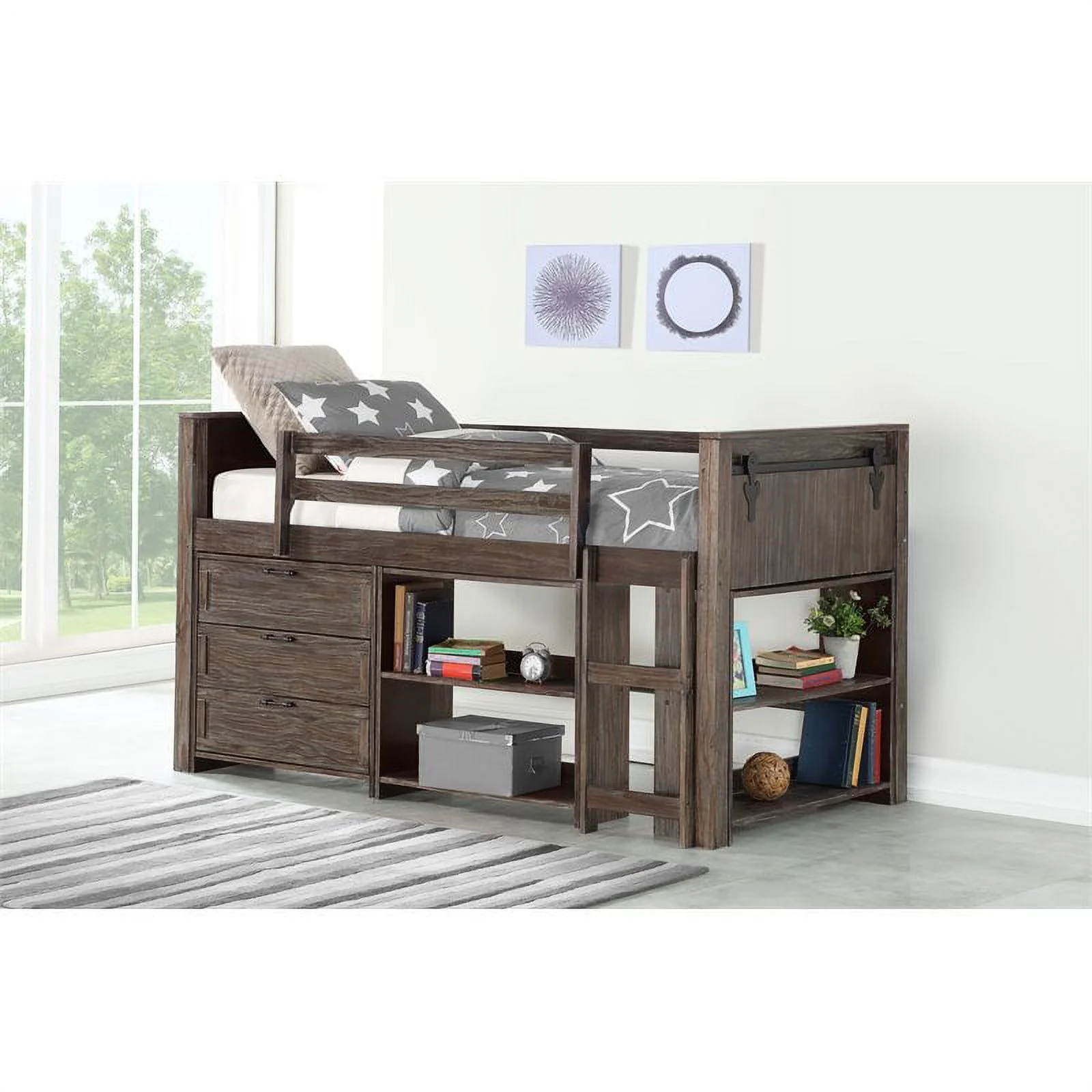 Donco Kids PD-0318TBS-Modular-C2 Twin Barn Door Low Loft with 3 Drawer Chest - Bookcase & Small Bookcase - Brushed Shadow