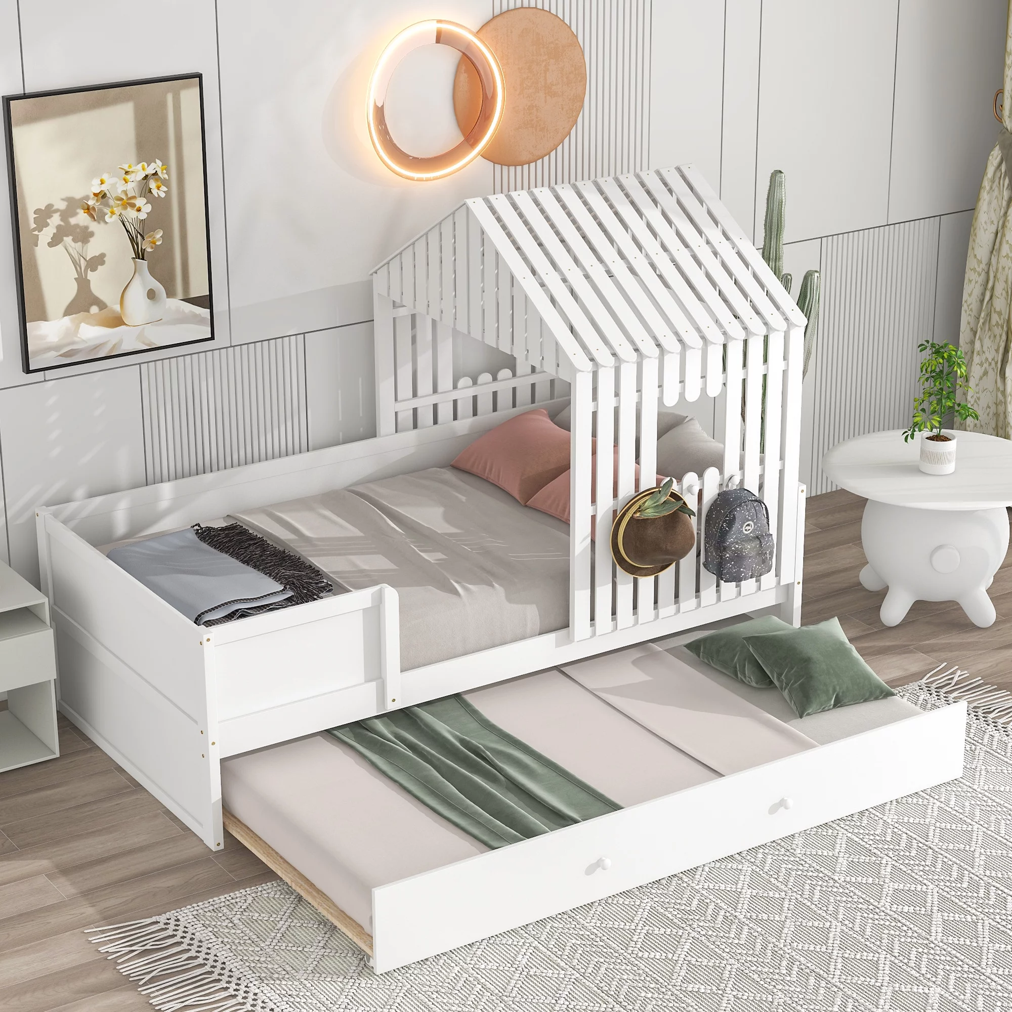 Twin Size House Bed with Trundle, Wood House Bed Frame with Wood Slat Support and Roof Design, No Box Spring Required, for Gilrs Boys Teens, White
