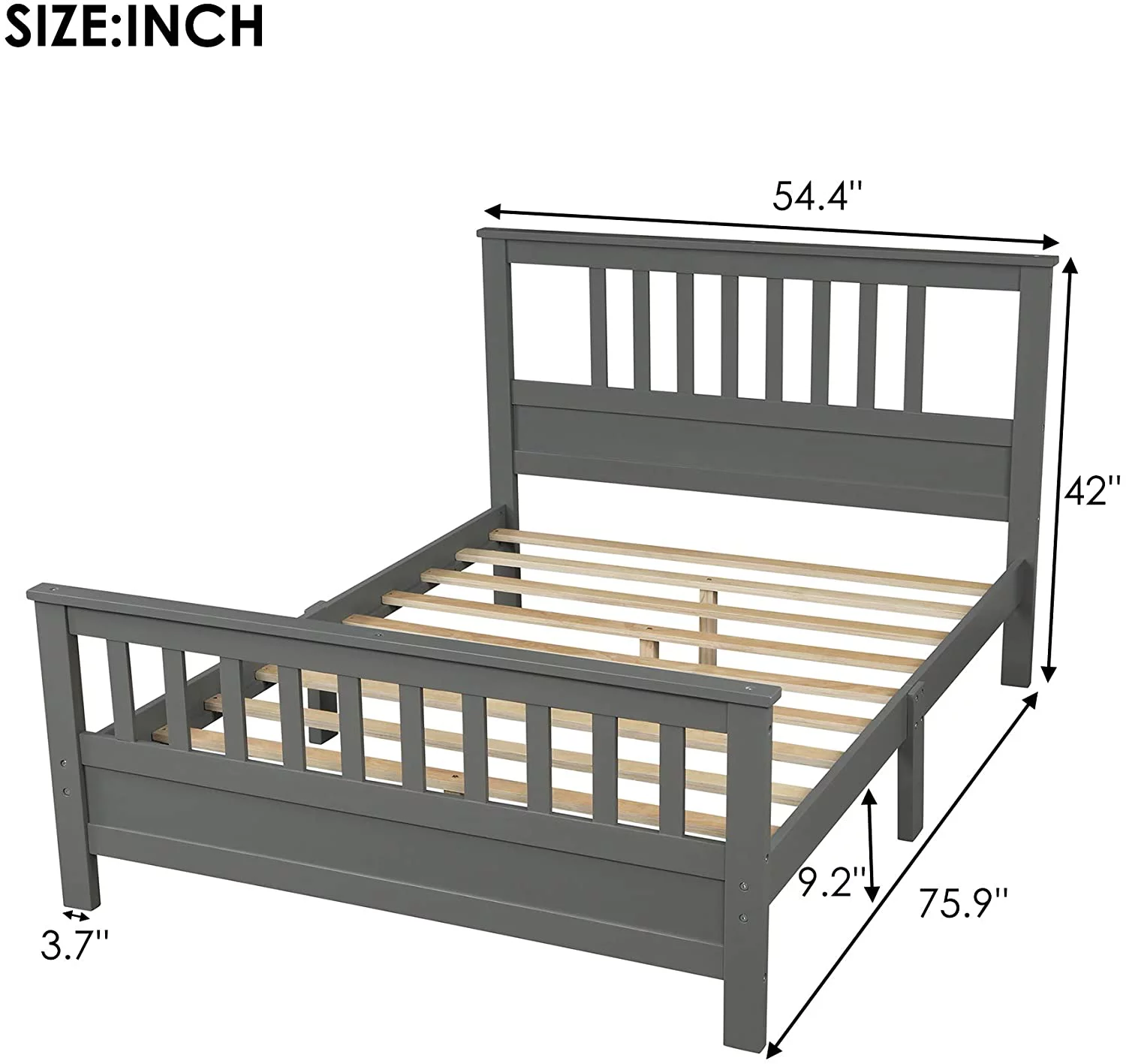 Full Bed Frame, Wood Platform Bed With Headboard & Footboard, Mattress Foundation With Wood Slat Support, No Box Spring Needed, Gray