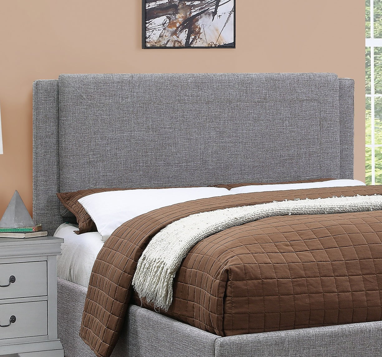 Stylish Modern Ash Grey Polyfiber Queen Size Bed 1pc Bedframe Master Bedroom Furniture Storage Footboard Upholstery Headboard