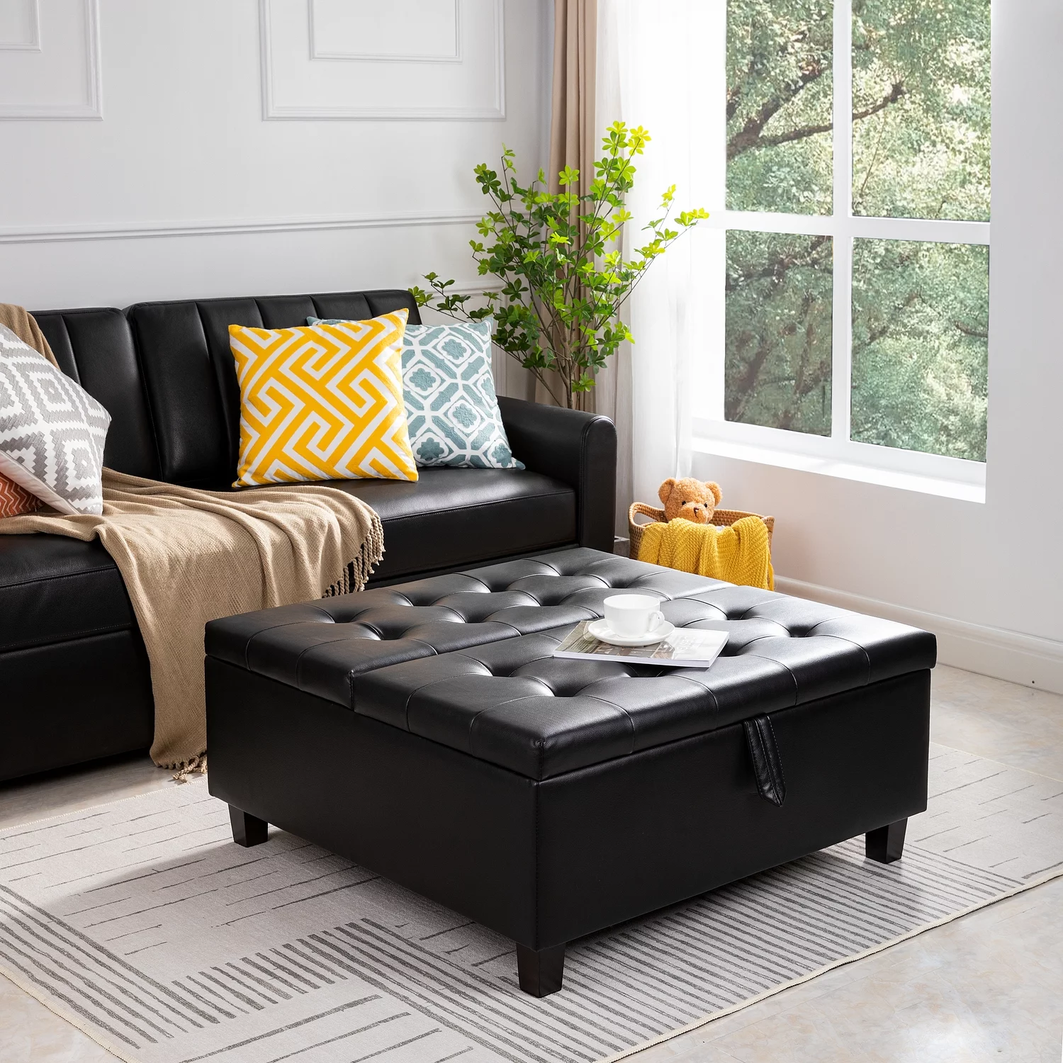 Ciara 35-Inch Air Leather Tufted Upholstered Lift-Top Ottoman Bench, Large Square Storage Coffee Table for Living Room Black