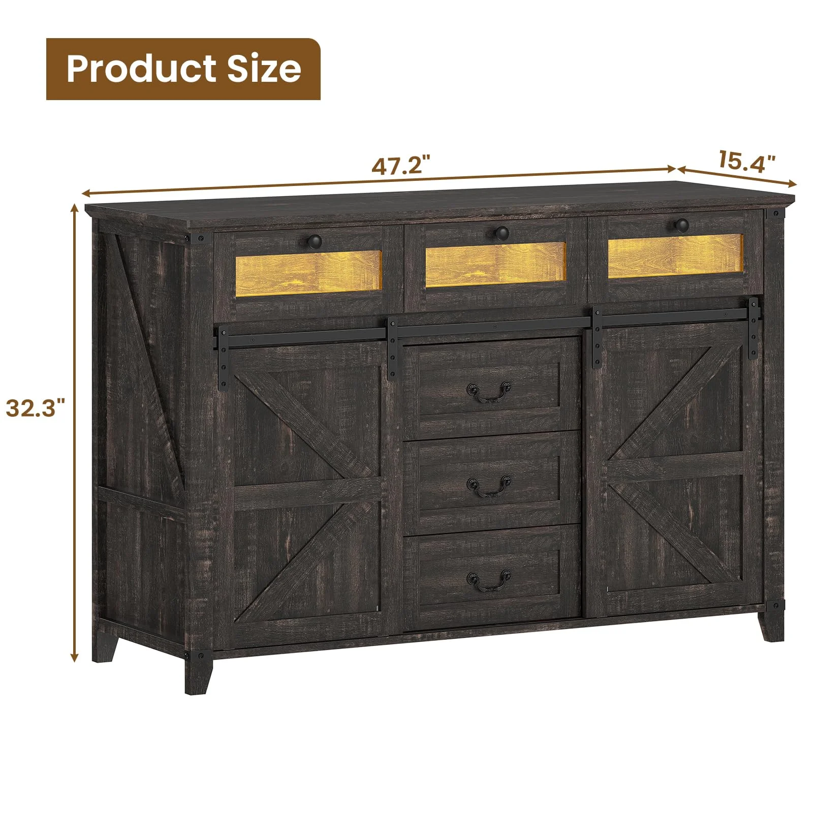 Wide Farmhouse 6 Drawers Dresser with Barn Door and LED Lights, Chest of Drawers for Bedroom, Living Room, Dark Rustic Oak