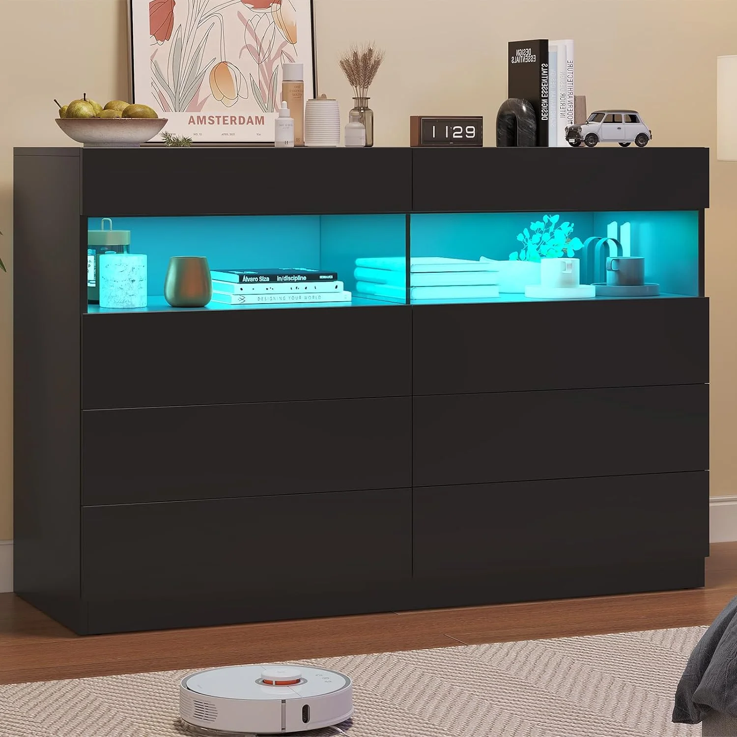 Modern 8 Drawers Wide Dresser with LED Light for Bedroom Living Room,No-Handle Chest of Drawers,Open Storage Space,Black