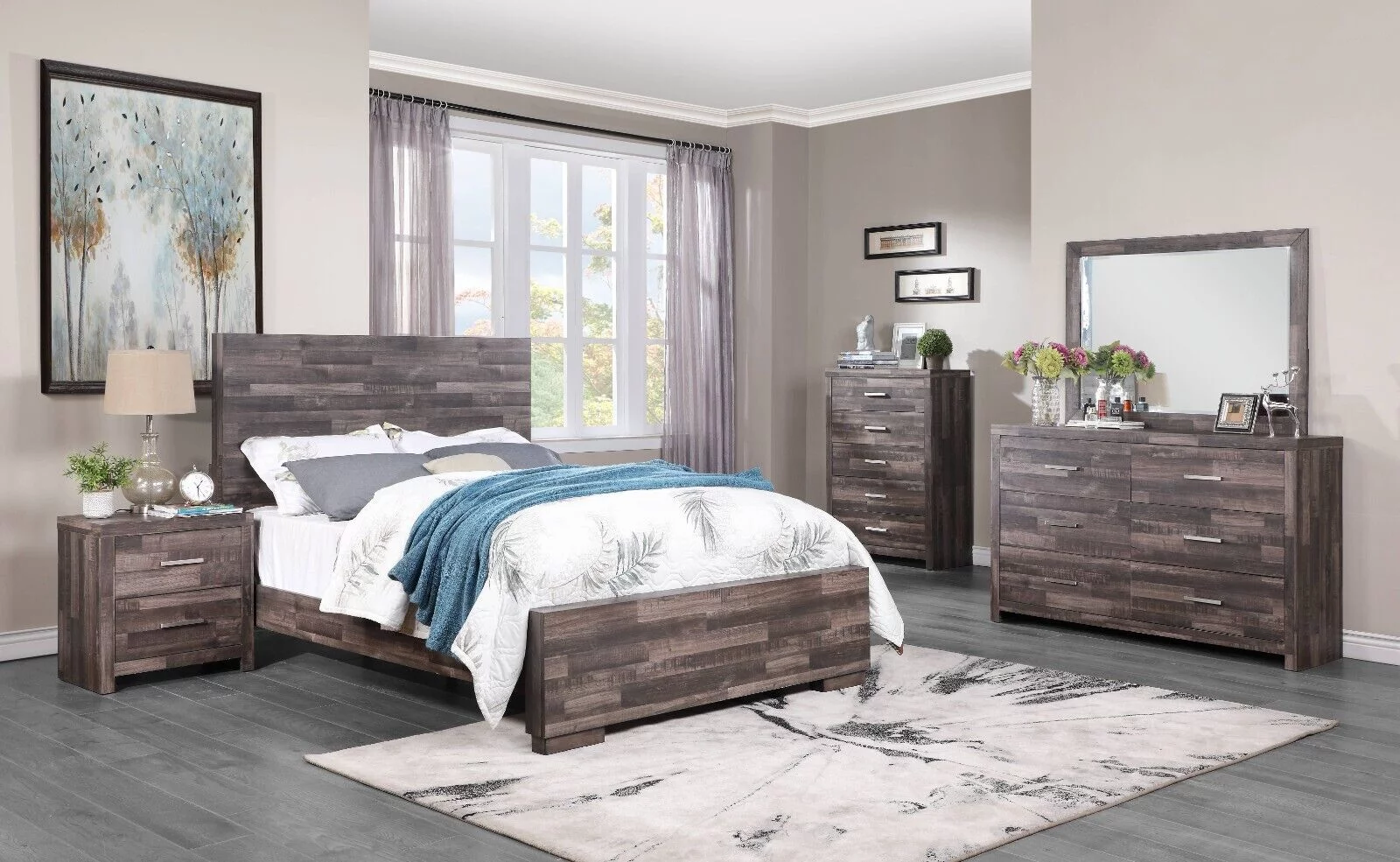 Contemporary Bedroom 5pc Set Queen Bed Nightstand Dresser Chest Mirror Plank Pattern Design Furniture