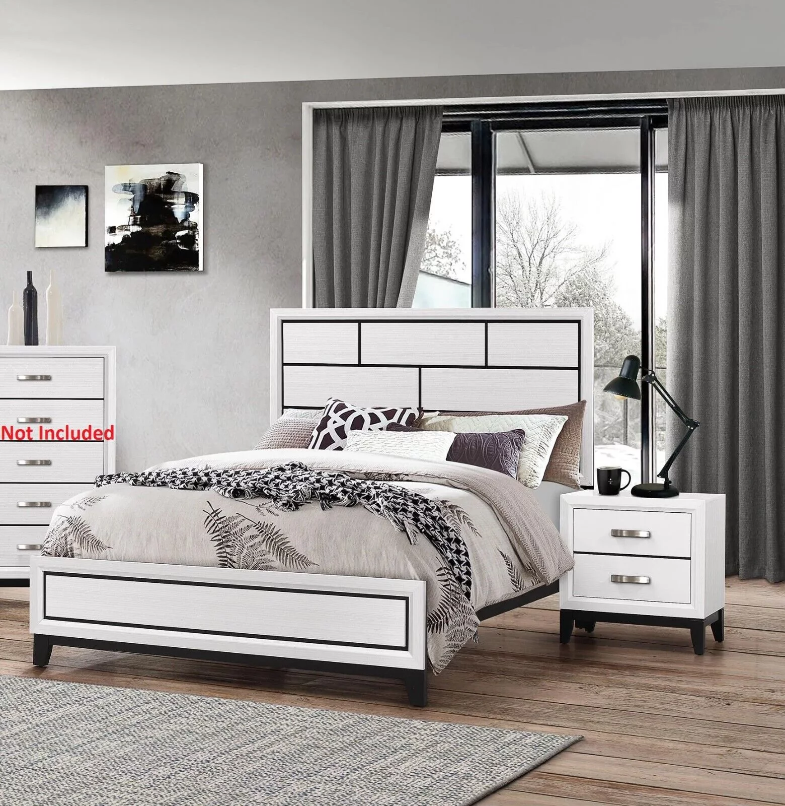 Contemporary Style 3pc Full Size Low-Profile Bed and 2x Nightstands Bedroom Furniture Set White Finish