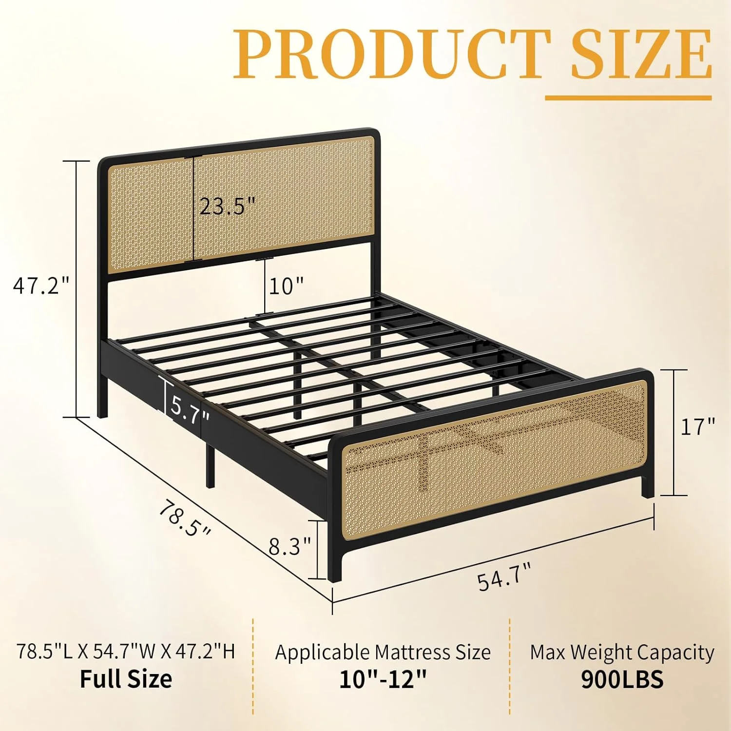 LUXOAK Full Size Bed Frame with Metal Mesh Rattan Headboard/Footboard, Boho Platform Bed with RGBW LED Lights & Strong Metal Slat Support, No Box Spring Needed/Noise-Free/Black