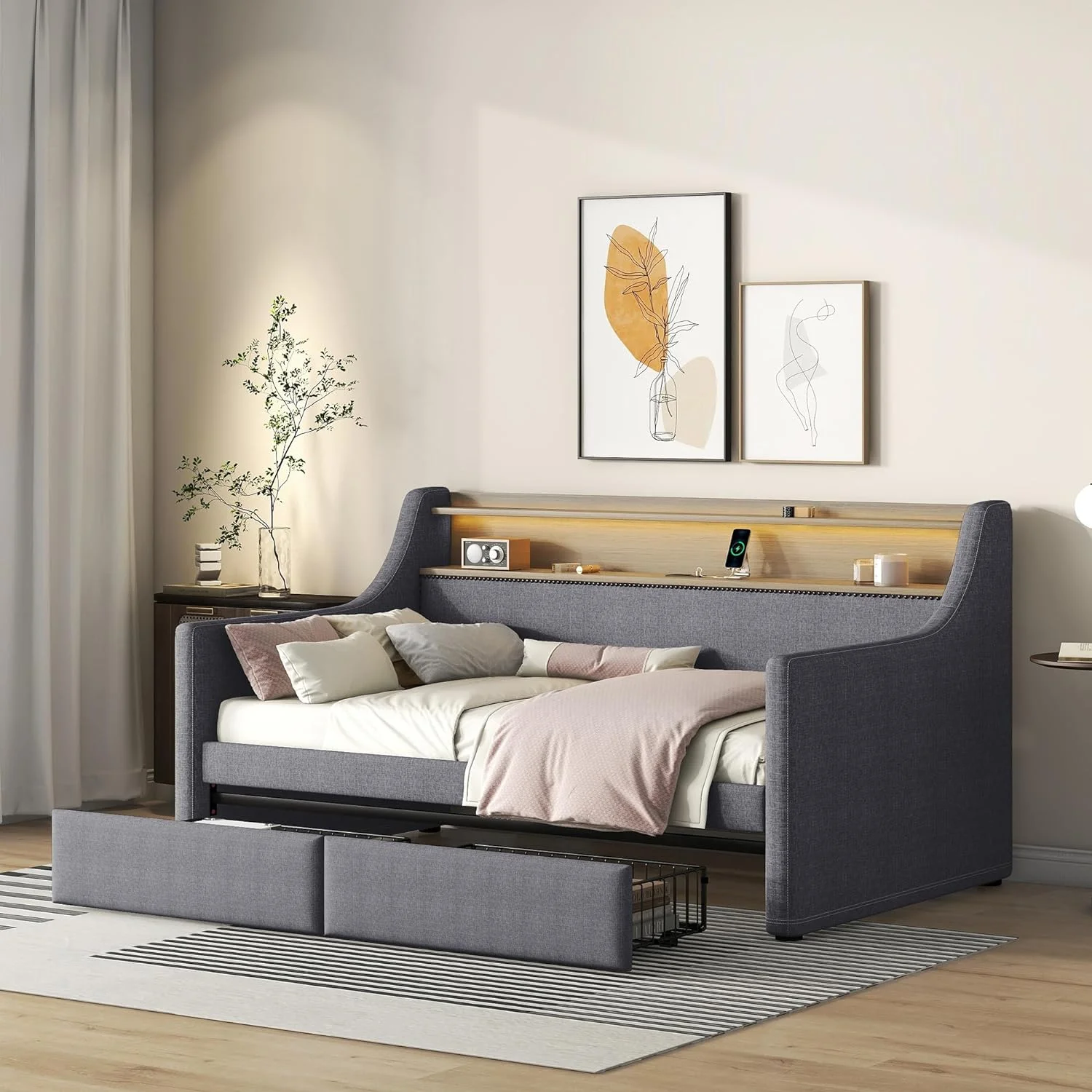 Daybed Frame With Storage Drawers Ad LED Light, Lie Upholstered Daybed With Chargig Statio Ad Shelf Ad High Back For Livig Room Bedroom, Gray