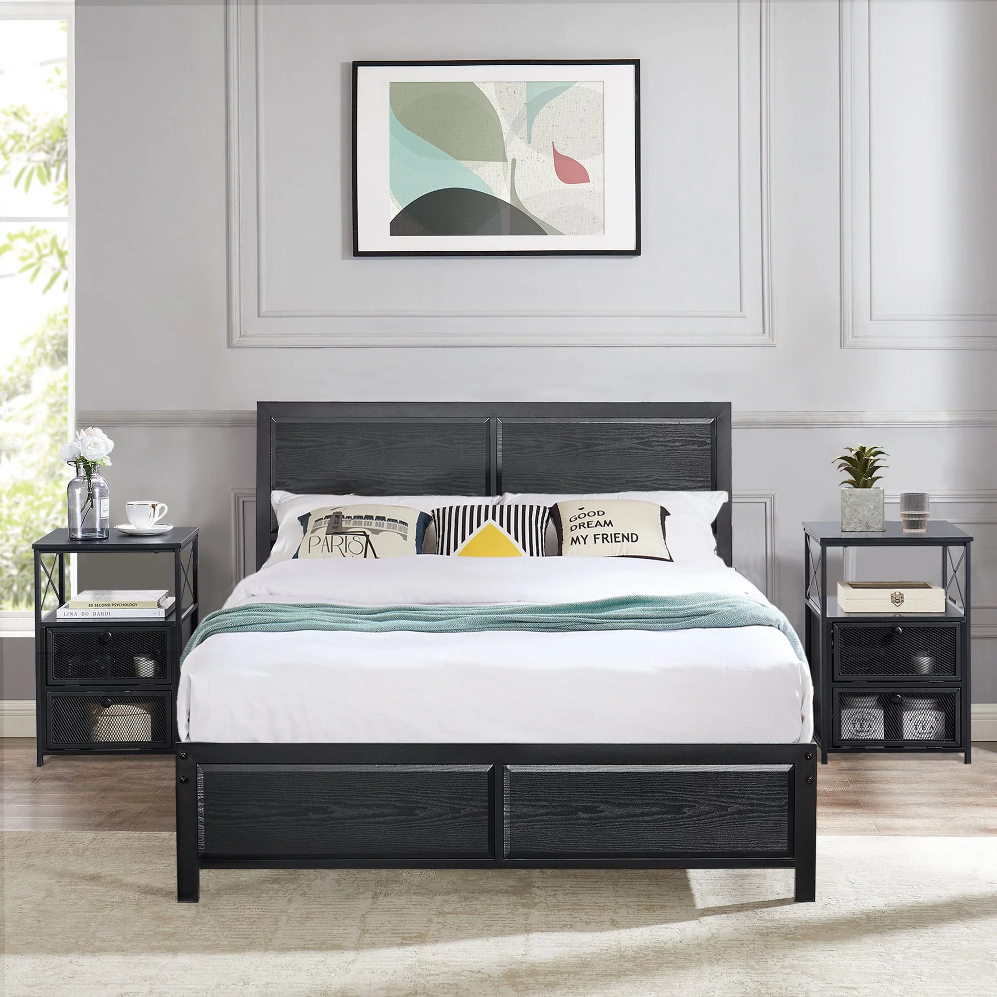 VECELO 3-Piece Bedroom Set Includes Queen Platform Bed Frame and Nightstands with 2-Drawer, Black