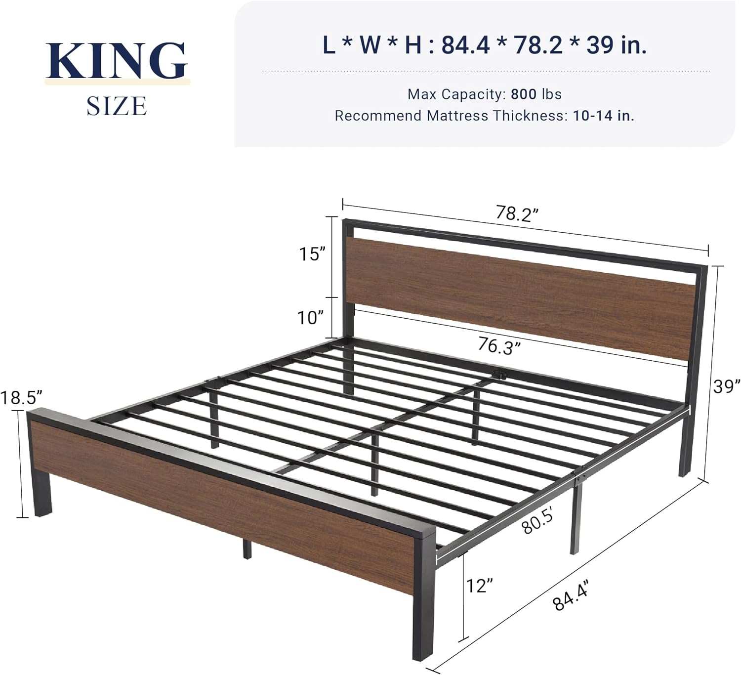 JIAH Platform Bed Frame with Wooden Headboard and Footboard, 12 Metal Slats , No Box Spring Needed, , Non-Slip Without Noise,