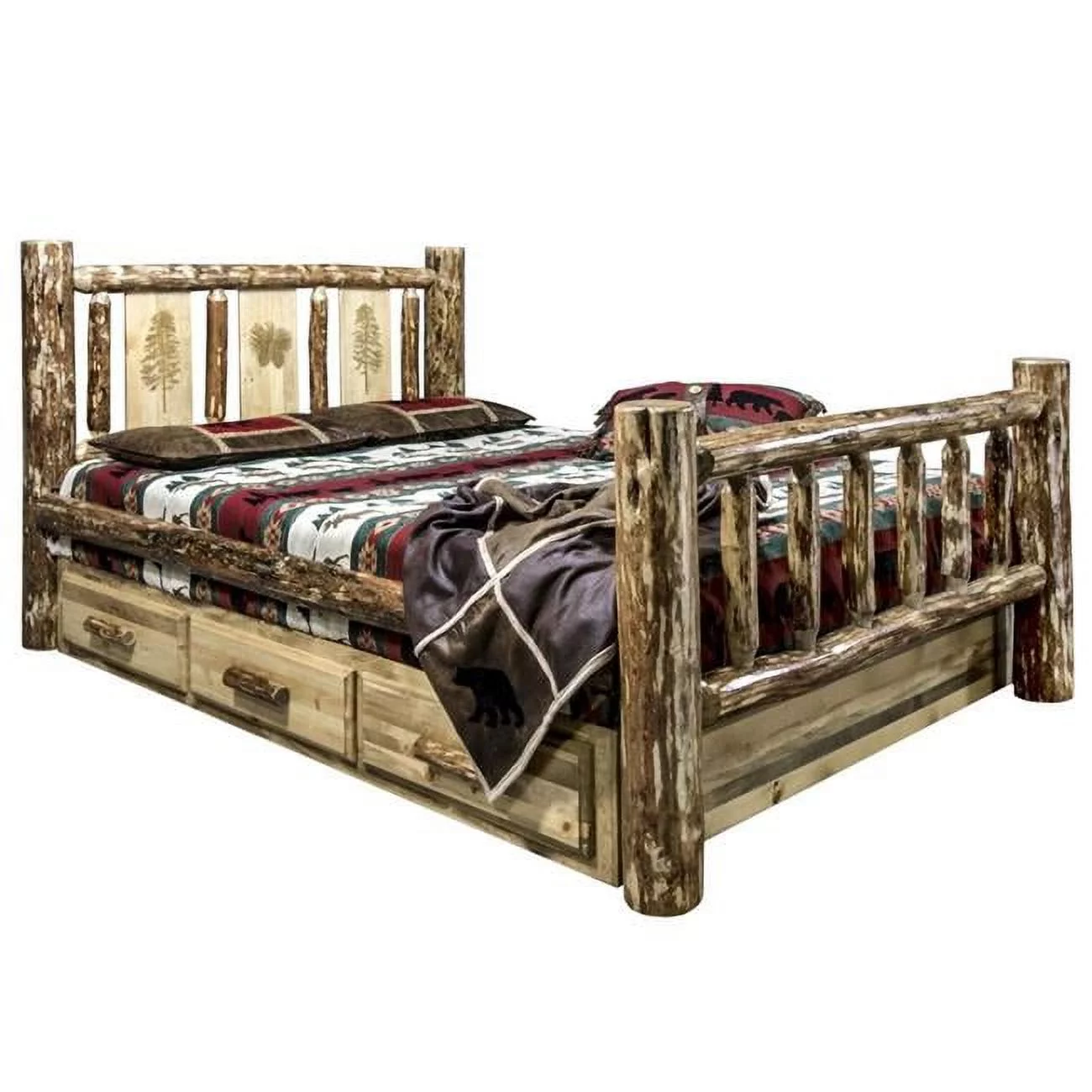 Glacier Country Storage Bed with Laser Engraved Pine Design - Full Size