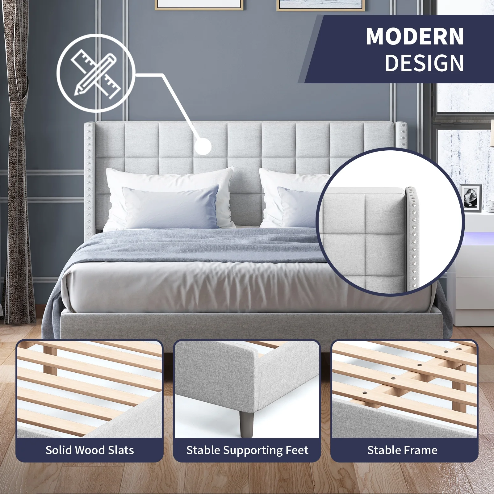 ijuicy Bed Frame with Wingback Headboard, Modern Platform Bed Frame, Velvet Bedframe Queen Size, Bedroom Furniture with Two Rows of Rivet Design(Light Grey)