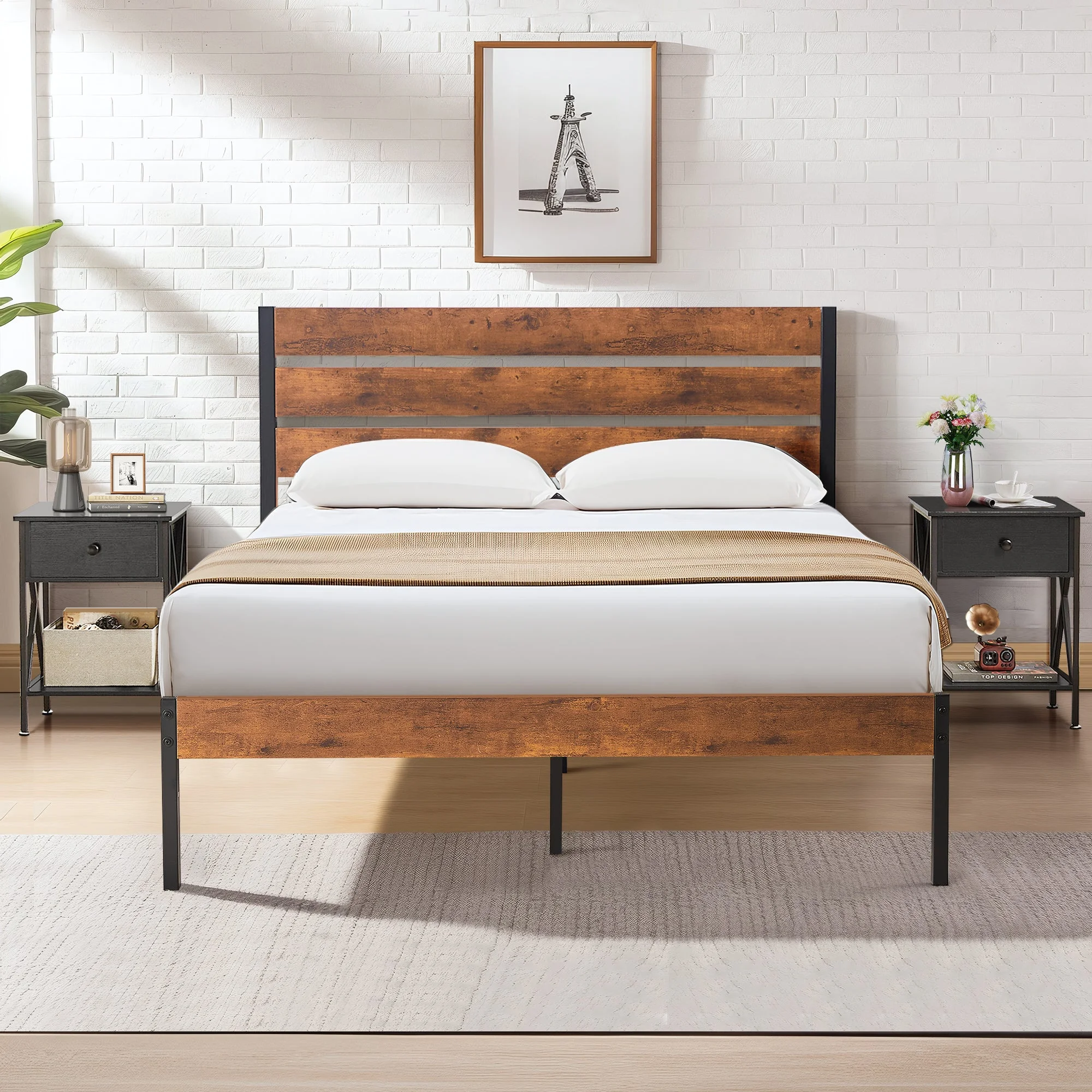 VECELO 3-piece Bedroom Set, Metal & Wood Platform Bed with Set of 2 Nightstand, Full Size