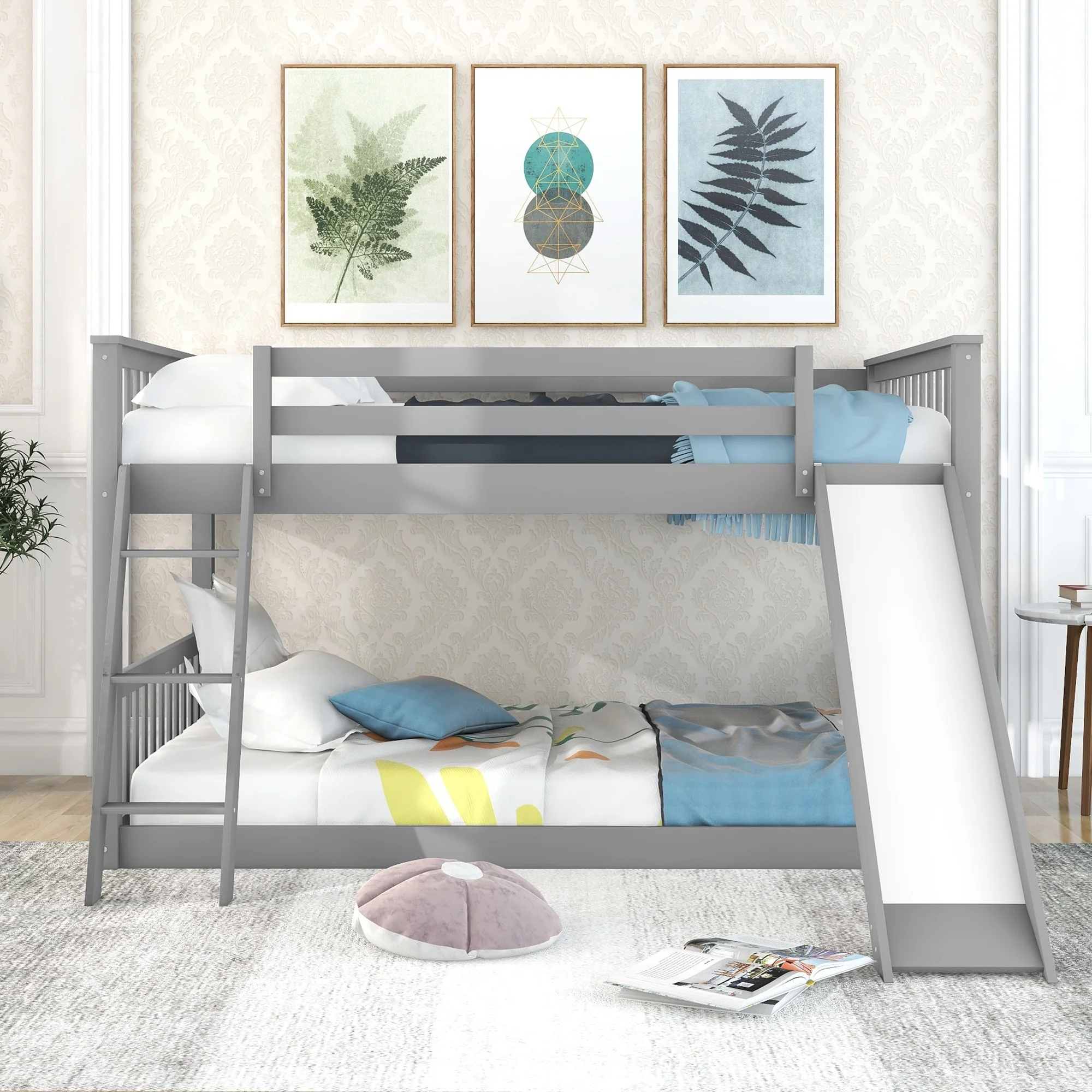 Momei Full over Full Bunk Bed with Convertible Slide and Ladder Grey