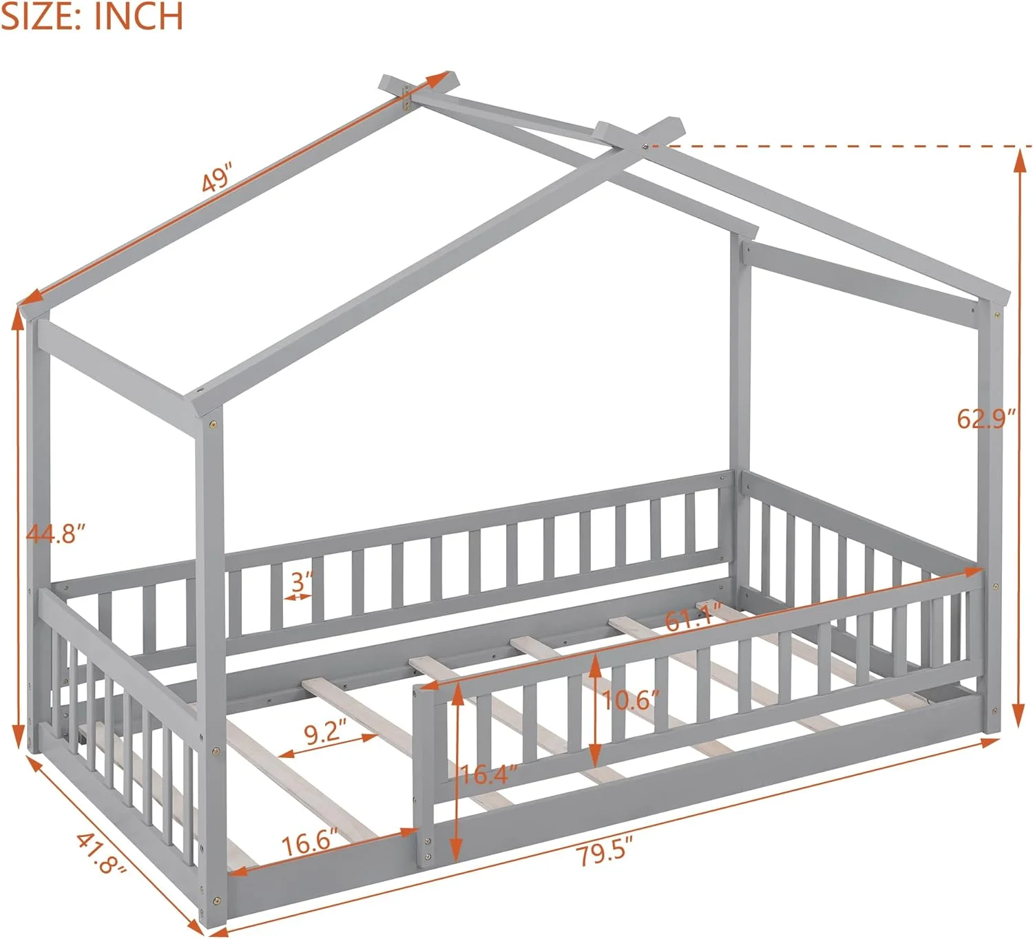 Size Wood Floor Bed Frame, House-Shaped Bed Daybed With Fece, For Kids Tees Girls Boys,Gray