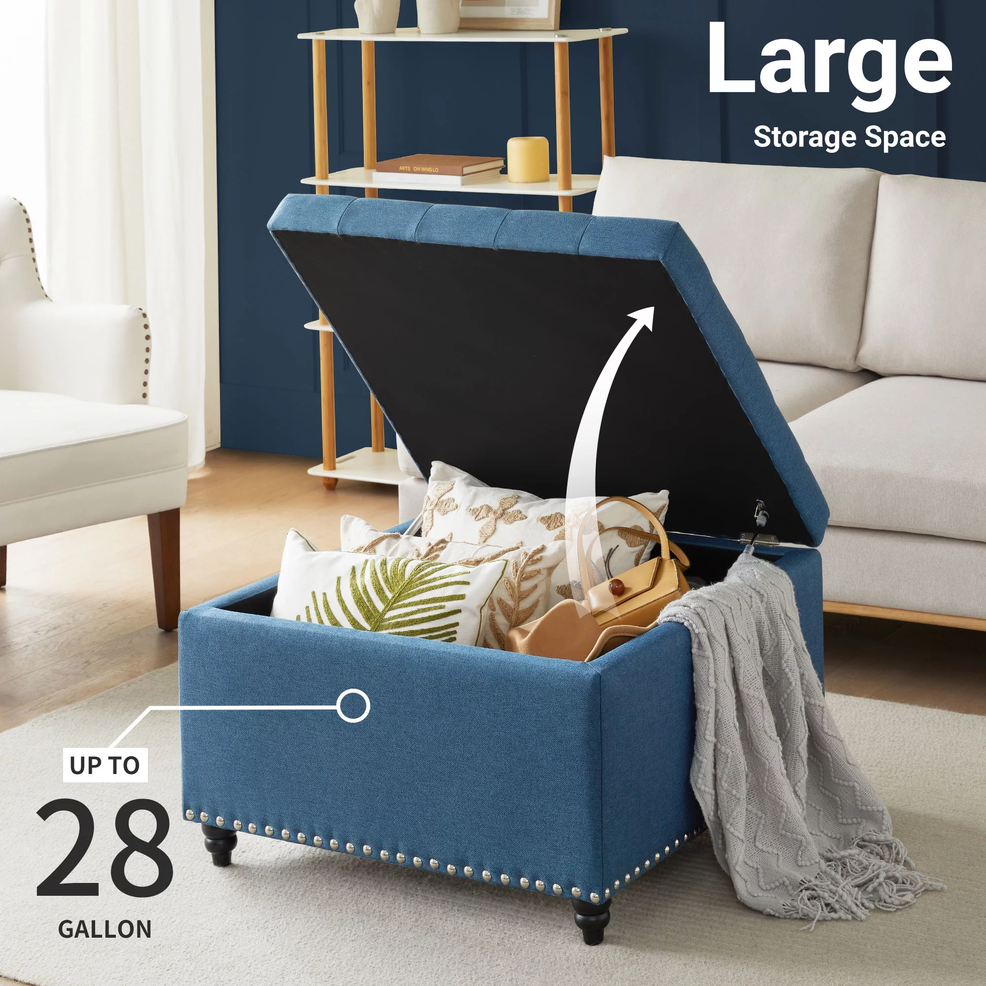 Gericco Large Square Storage Ottoman Bench, Tufted Upholstered Coffee Table Ottoman with Storage, Oversized Storage Ottomans (Blue)