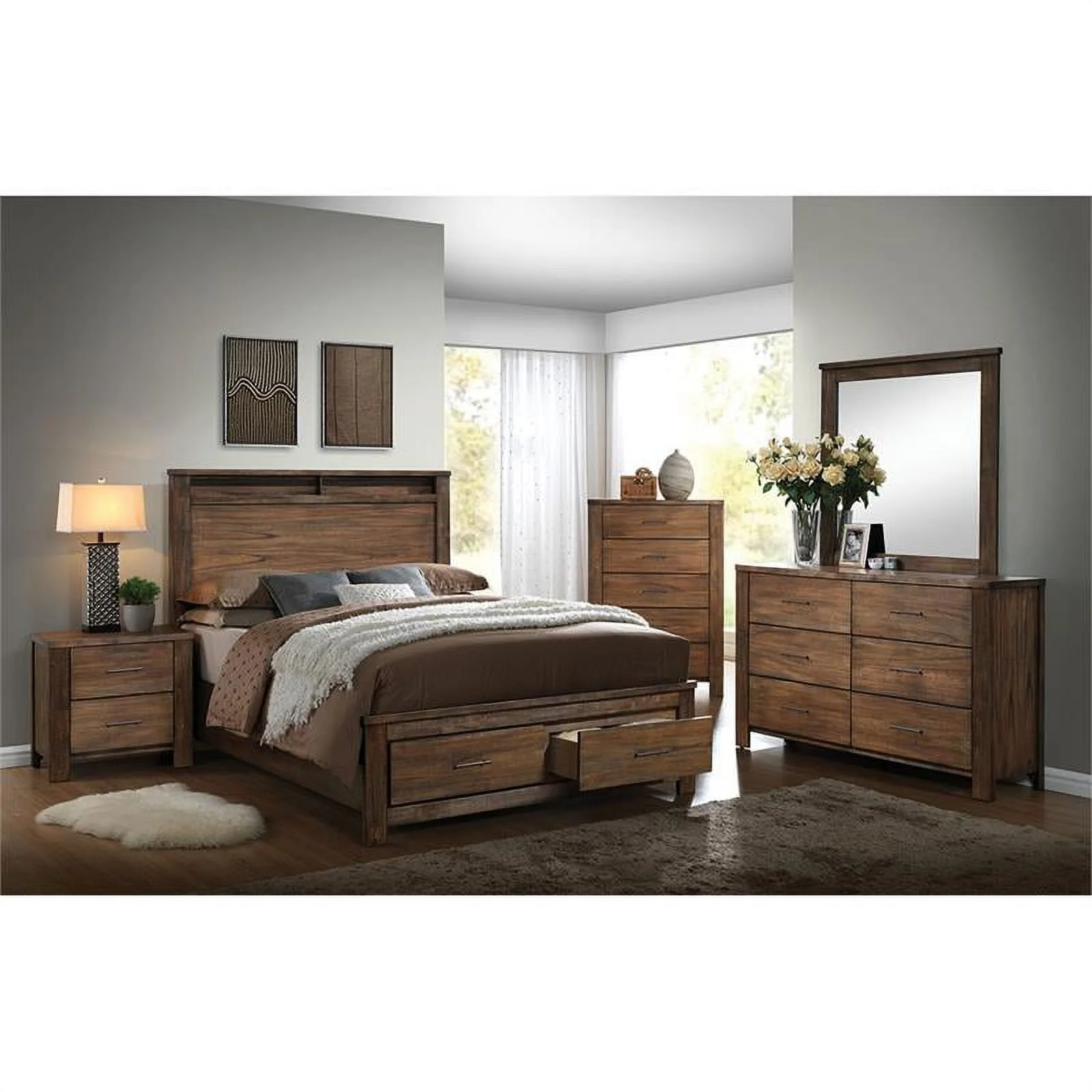 Furniture of America Nangetti 2-Piece Wood Oak Queen Bedroom Set - Queen+Dresser