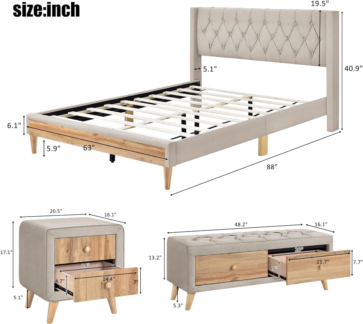 Bedroom Sets Queen Size Upholstered Platform Bed With Two Nightstands And Storage Bench, 4-Pieces Bedroom Sets For Teens Adults (Linen Beige)
