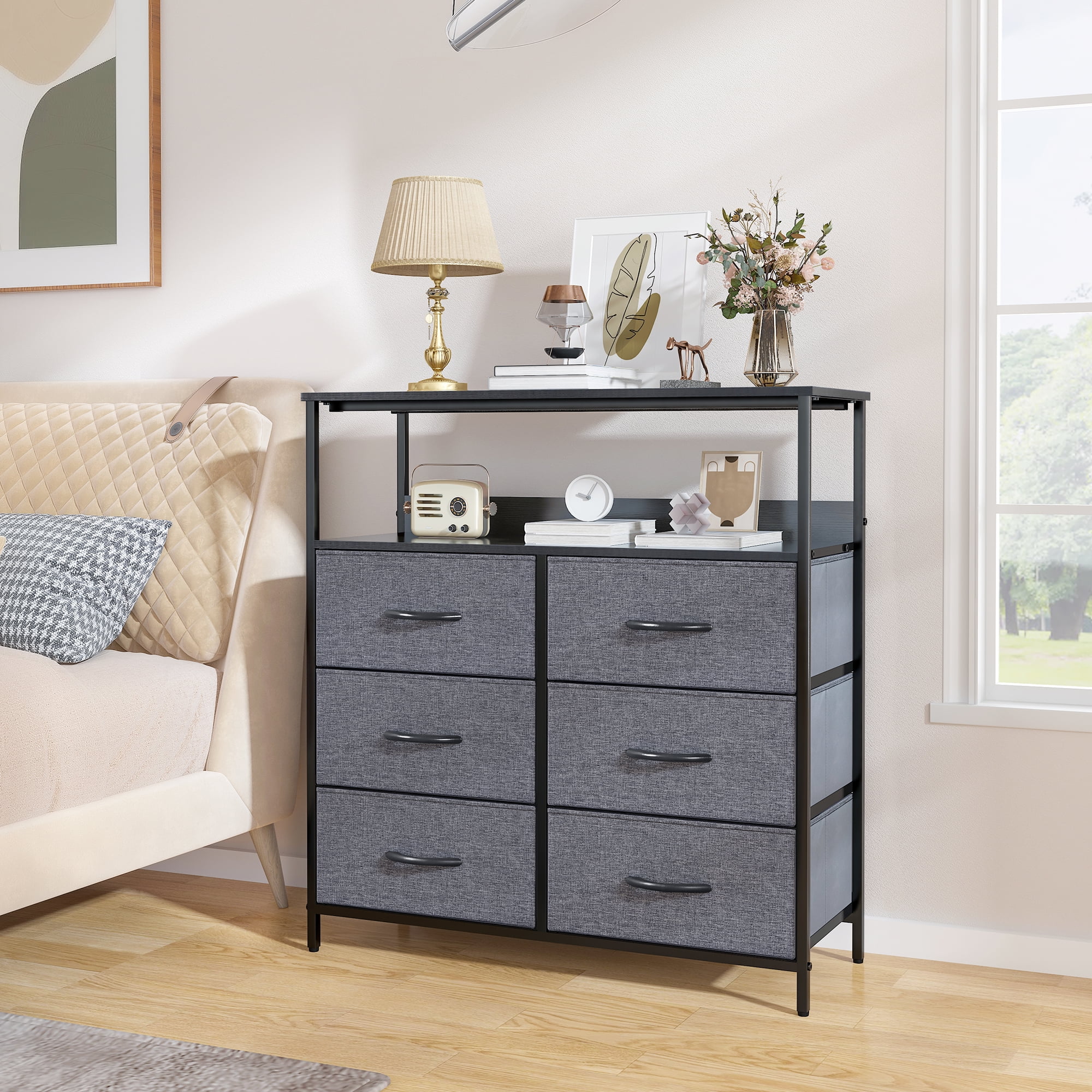 6-Drawer Dresser, Fabric Dresser for Bedroom, Kids Dresser, Chest of Drawers, Gray Finish