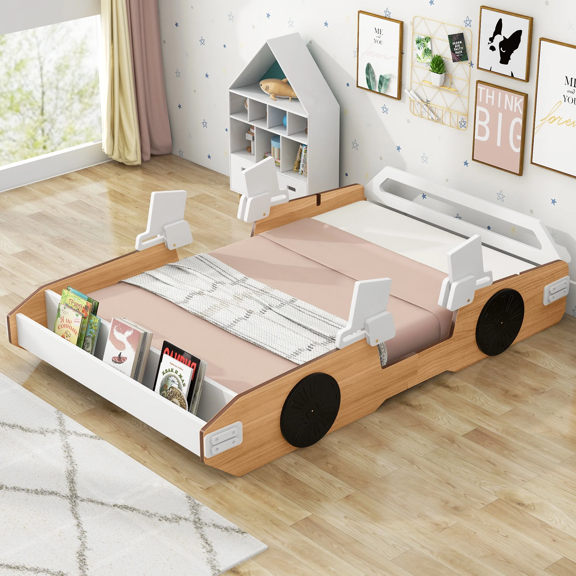 Race Car Bed for Kids Twin Size Car Bed with Door Design and Storage Drawers in Natural+White+Black