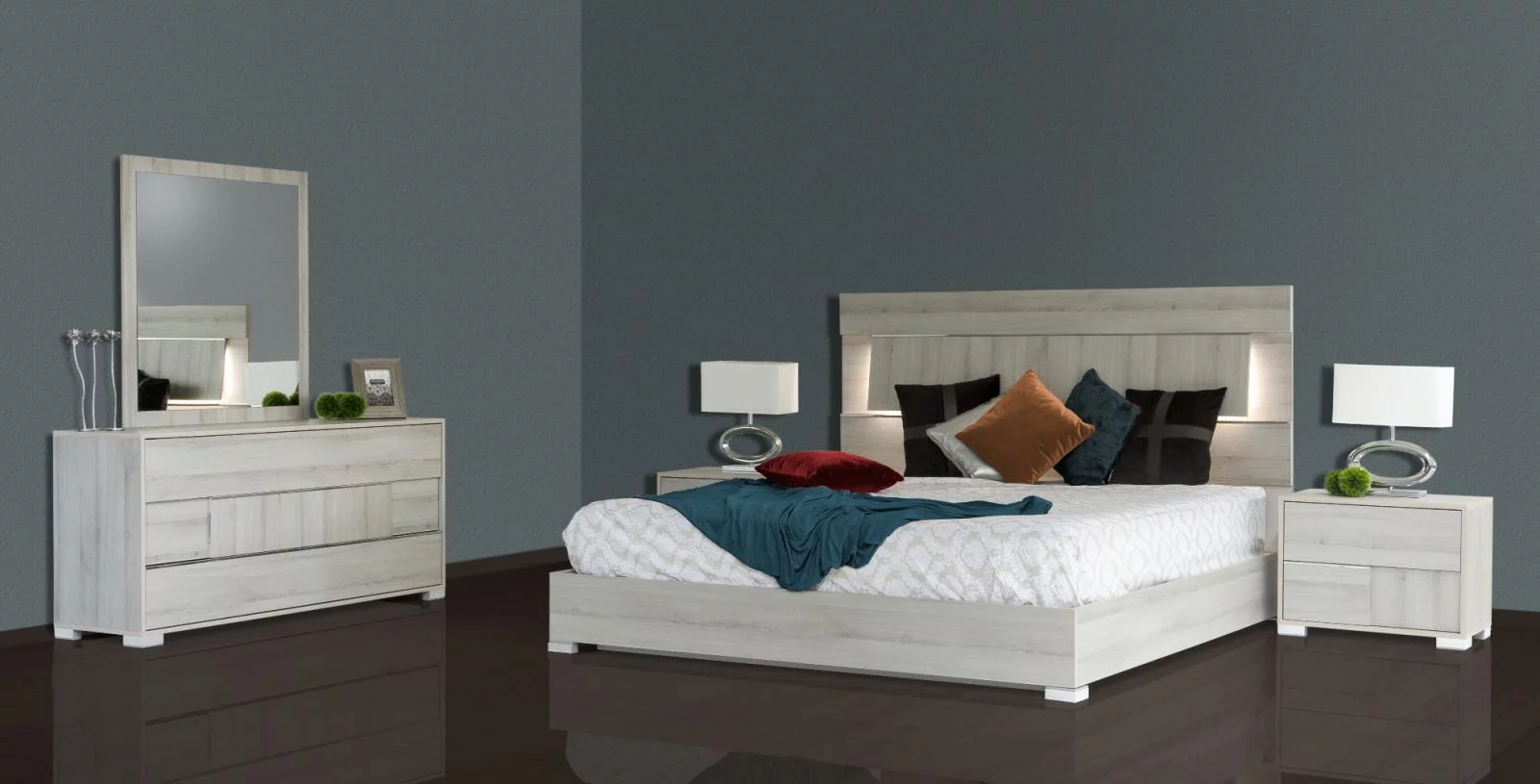 Grey Veneer LED Lighted Headboard King Bed Made In Italy VIG Modrest Ethan