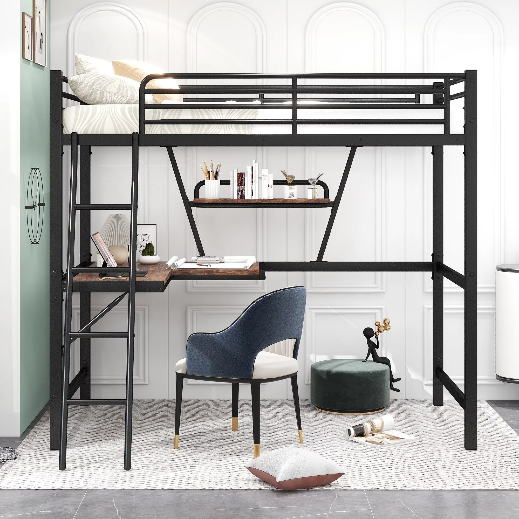 uhomepro Twin Size Loft Bed Frame with Metal Frame, MDF Desktop Desk and Shelf for Kids Youth, No Box Spring Needed, Black