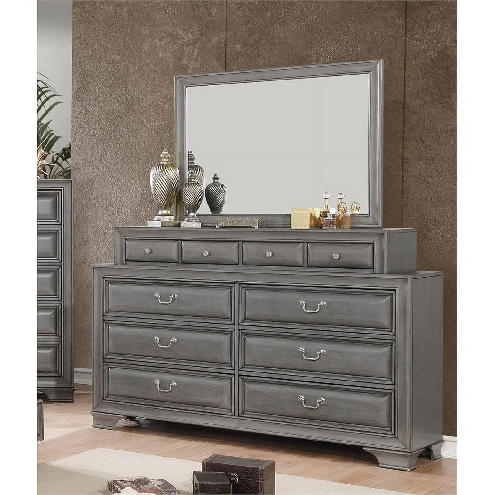 Furniture of America Bradford Solid Wood 10-Drawer Dresser and Mirror in Gray