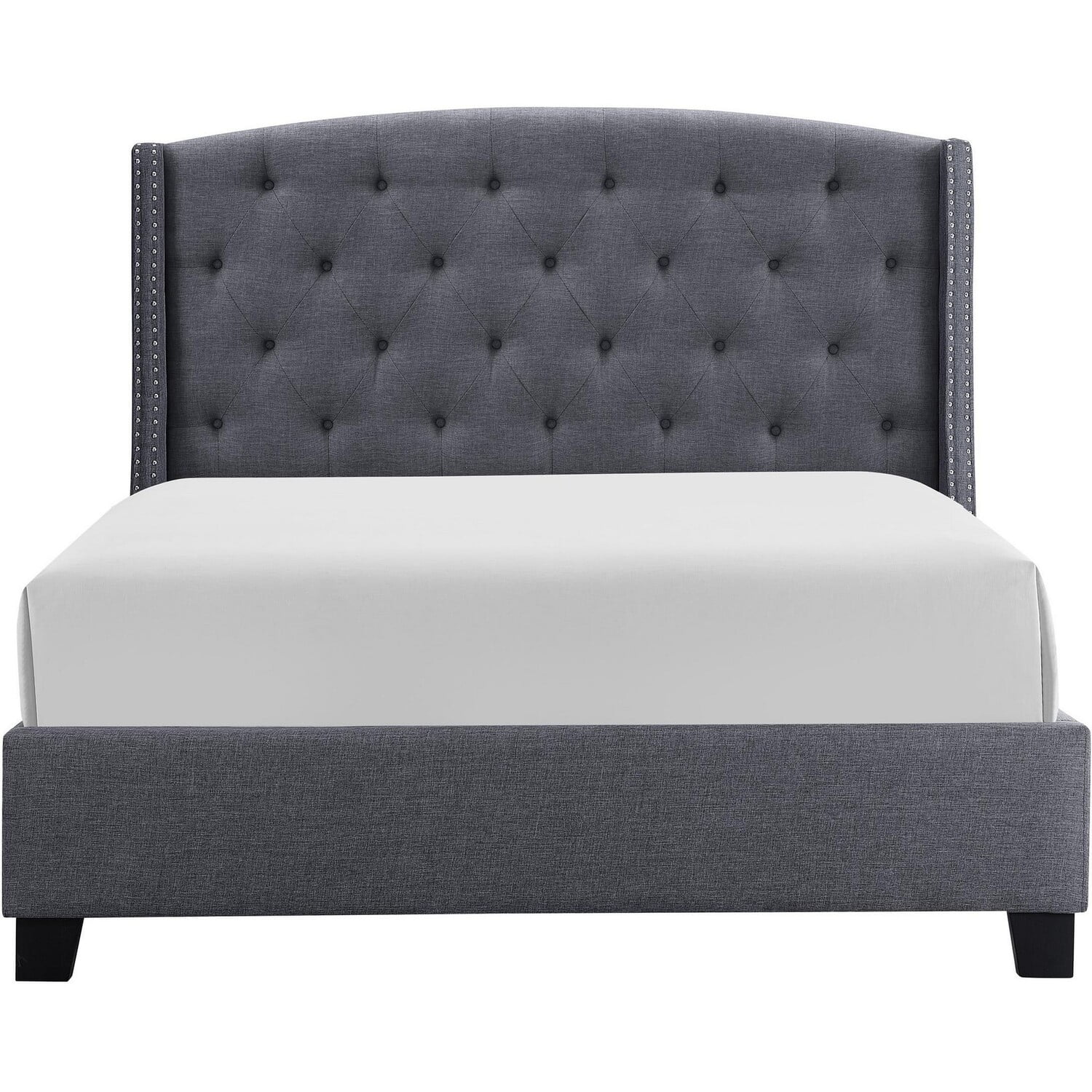 Benjara Elle Queen Size Bed, Low Profile, Gray Button Tufted Upholstered Headboard