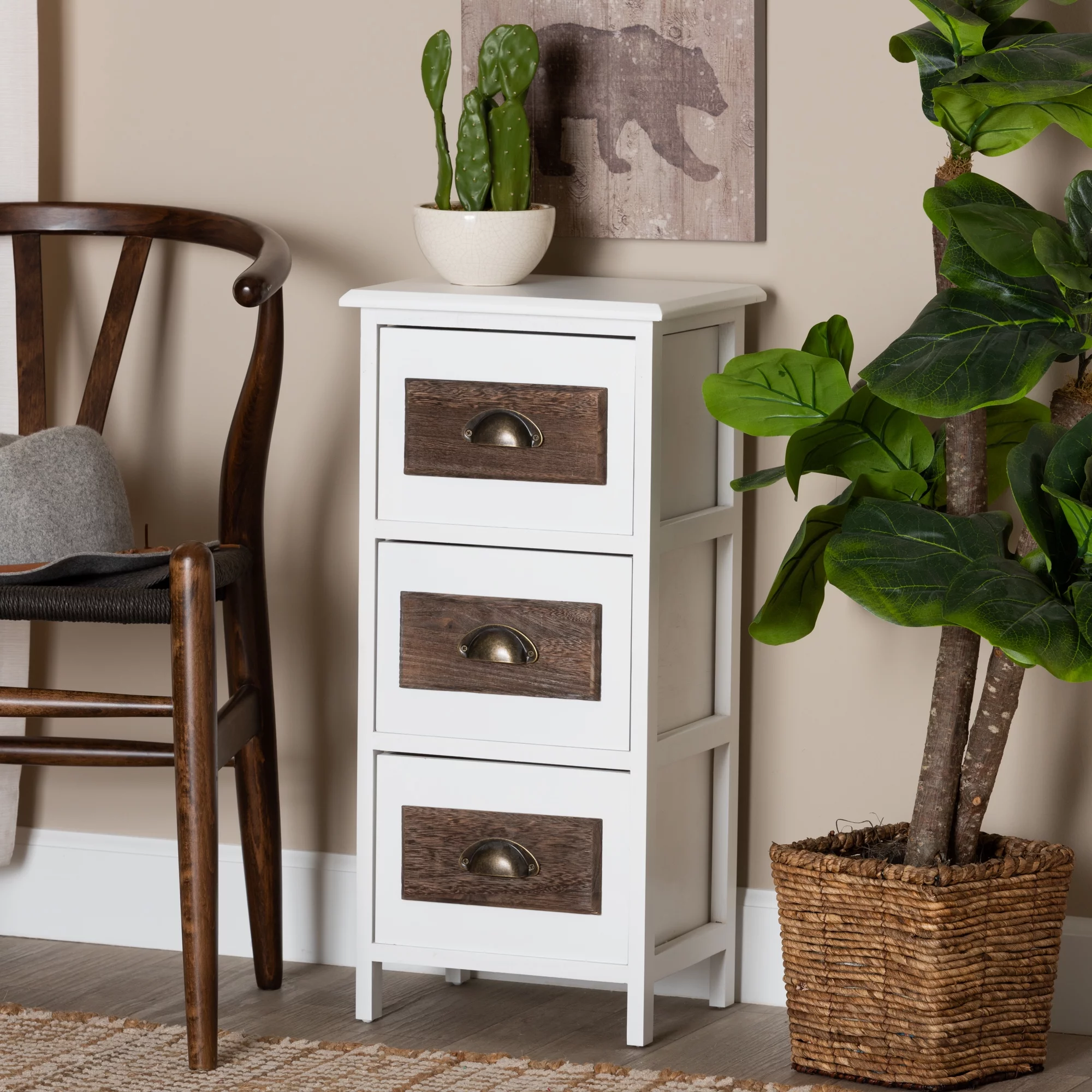 Baxton Studio Fanning Modern and Contemporary Two-Tone White and Walnut Brown Finished Wood 3-Drawer Storage Unit