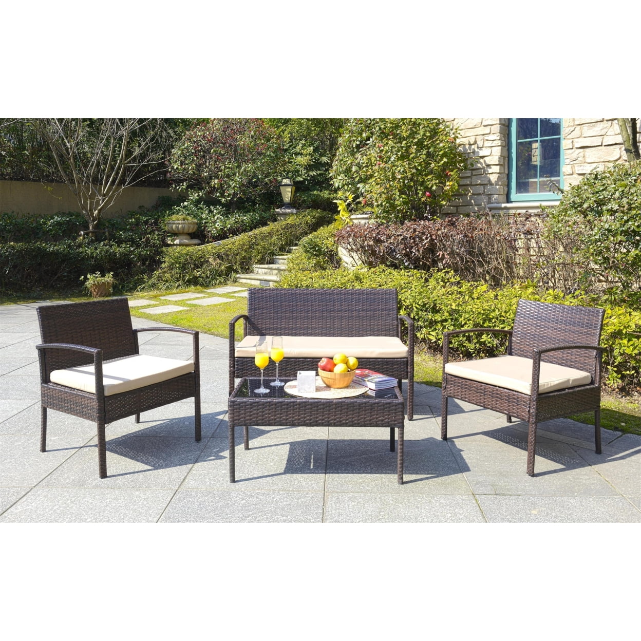 Safavieh Mattia 4 Piece Rattan Modern Living Set with Cushion