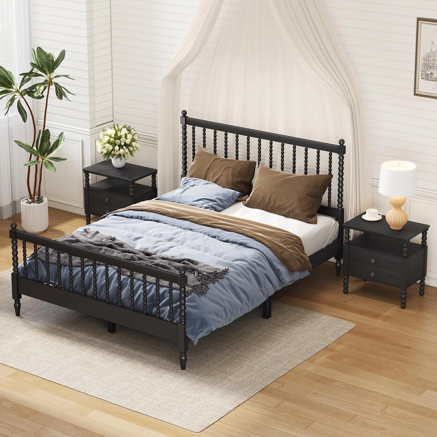 C 3 Pcs Bedroom Set With 2 Nightstands, Queen Size Bed Frame With Gourd Shaped Headboard And Footboard, Solid Wood Platform Bed, No Spring Box Required, Black