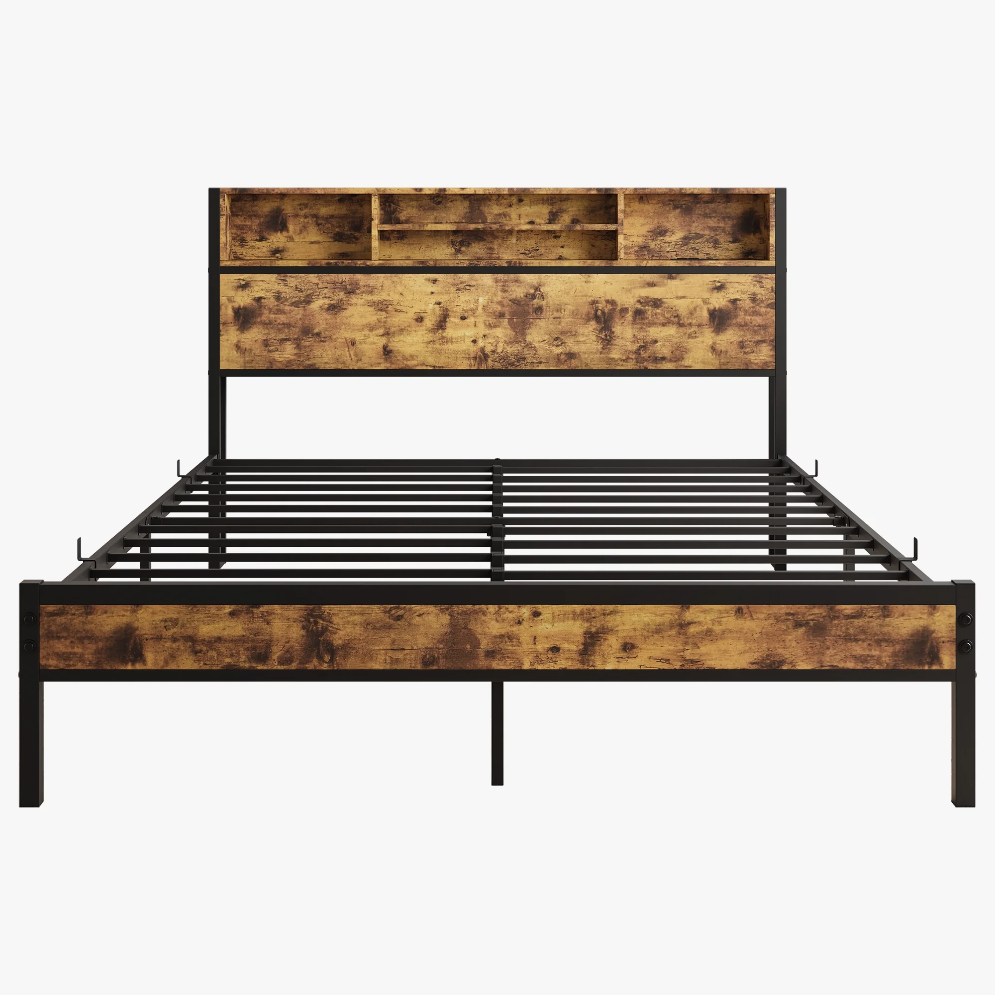 HENGMEI Black Metal Platform Queen Bed Frame with Headboard Storage, Bookcase, Will Keep Your Bedroom Clutter-Free