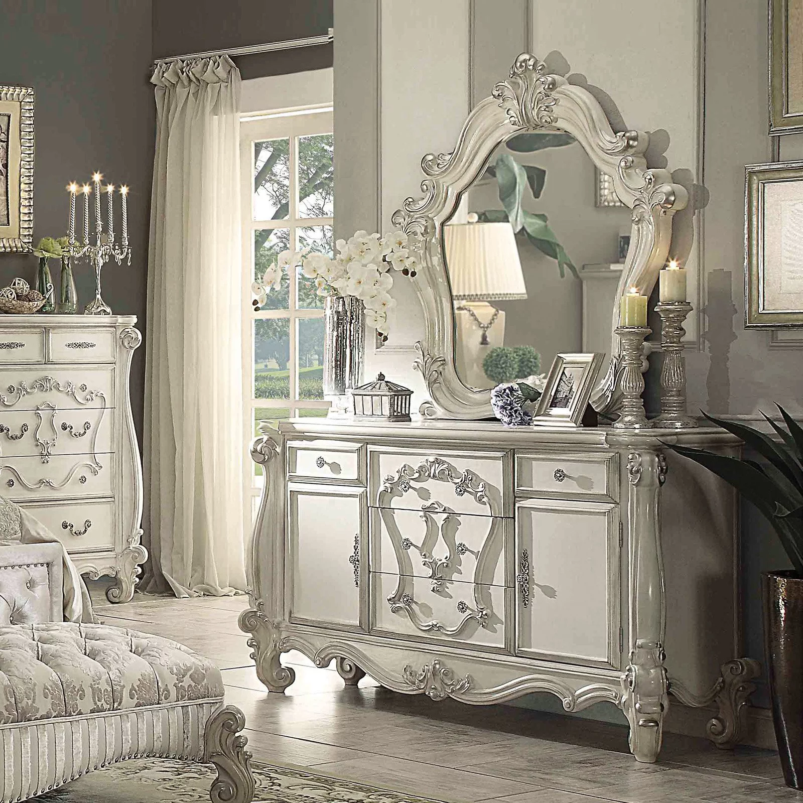 ACME Versailles 5 Drawer Wooden Dresser with 2 Doors in Antique Brown Platinum