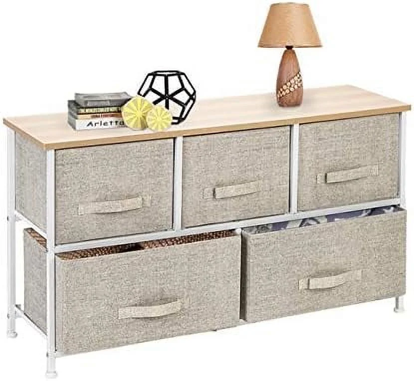 CCBIUOMBO 2-Tier Wide Closet Dresser  Nursery Dresser Tower With 5 Easy Pull Fabric Drawers And Metal Frame  Multi-Purpose Organizer Unit Linen/Natural Simple Market Basket  Stand Organiz