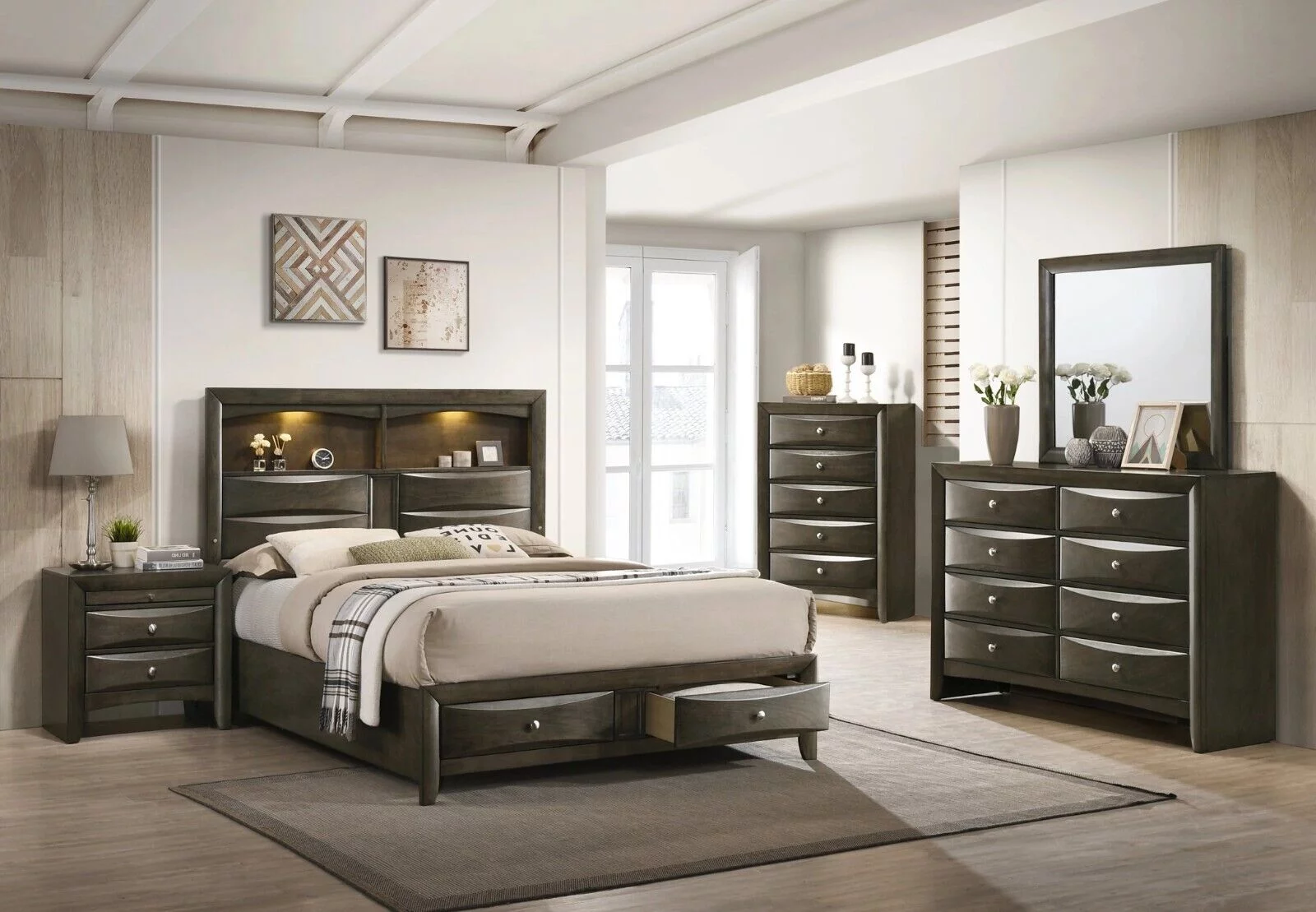 Contemporary 6pc Queen Size Platform Storage Drawer Shelve LED Bed Dresser Mirror Nightstand Chest Master Bedroom Set