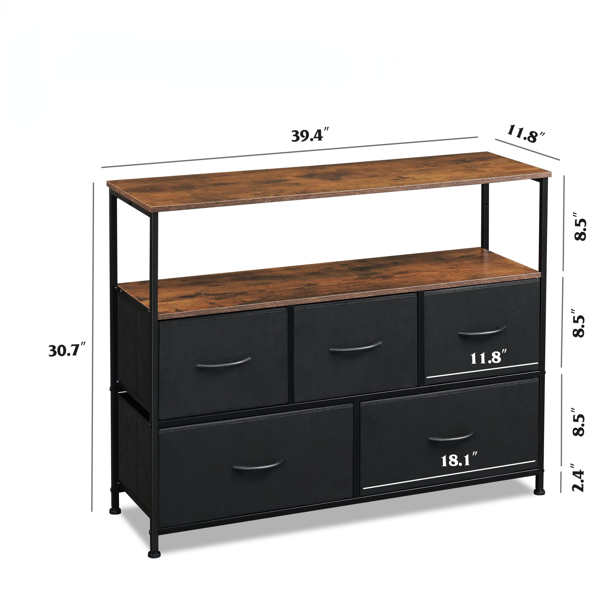 Dresser TV Stand, Entertainment Center with Fabric Drawers, Media Console Table with Open Shelves for TV up to 45 inch, Storage Drawer Unit for Bedroom, Entryway, Black and Rustic Brown