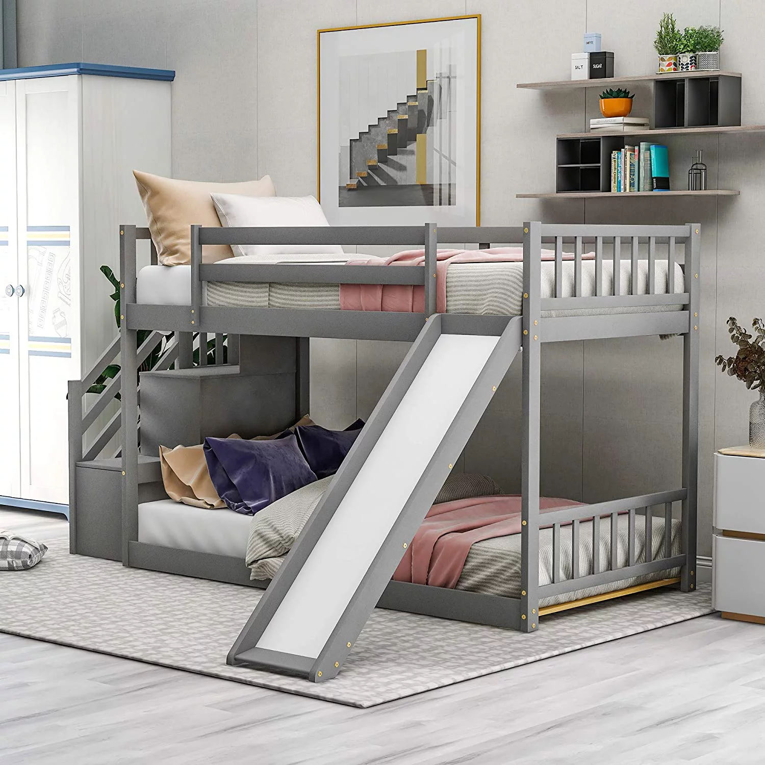 SOFTSEA Twin Over Twin Low Bunk Bed Junior's Floor Bunk Bed with Stairs Slide and Storage Space Multifunctional Design(White)