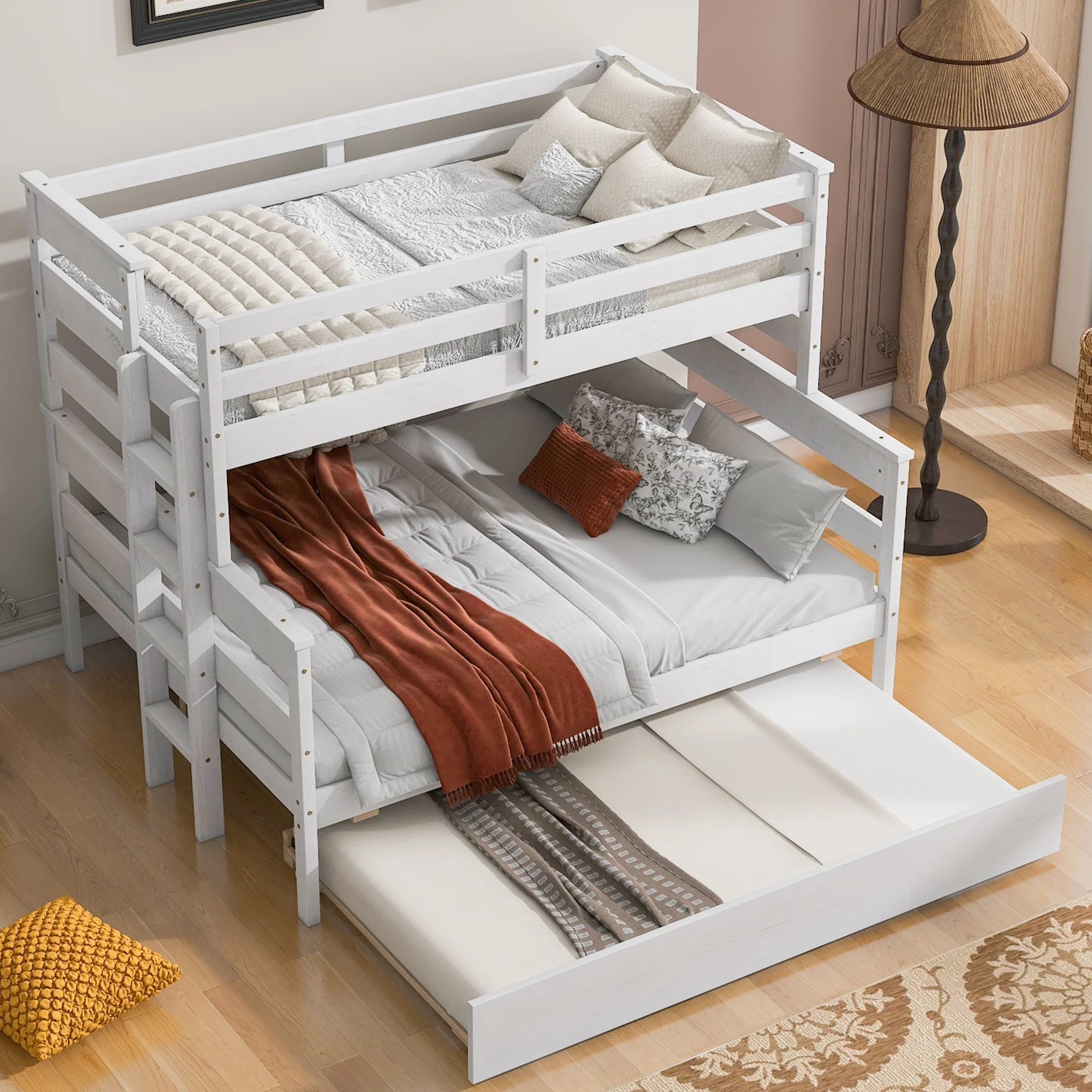 Euroco Wood Twin over Full Size Bunk Bed with Trundle, 3-in-1 Beds for Bedroom, Divided Bunk Bed Frame, White