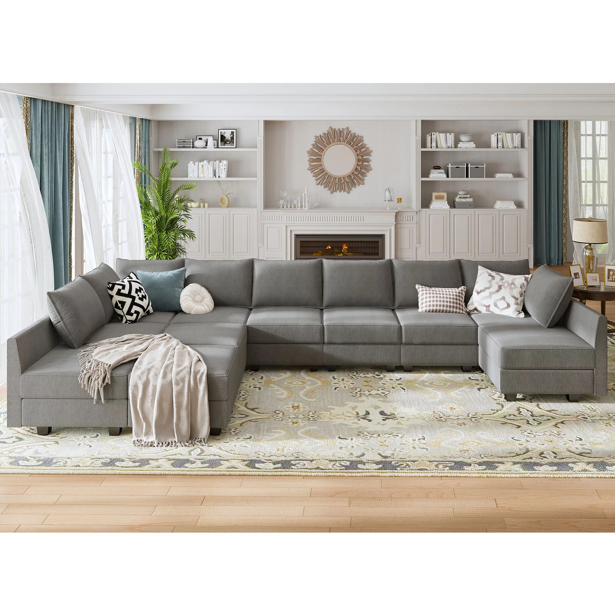 HONBAY Convertible U Shaped Modular Sofa Sectional Modular Couch with Chaise Oversized Sofa Sleeper Couch for Large Living Room, Grey