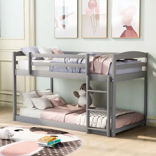 Twin Over Twin Floor Bunk Bed with Safety Guardrail, Climbing Ladder, Easy to Assemble, Saving Space, Bed Bedroom Storage Guard Rail Ladder…