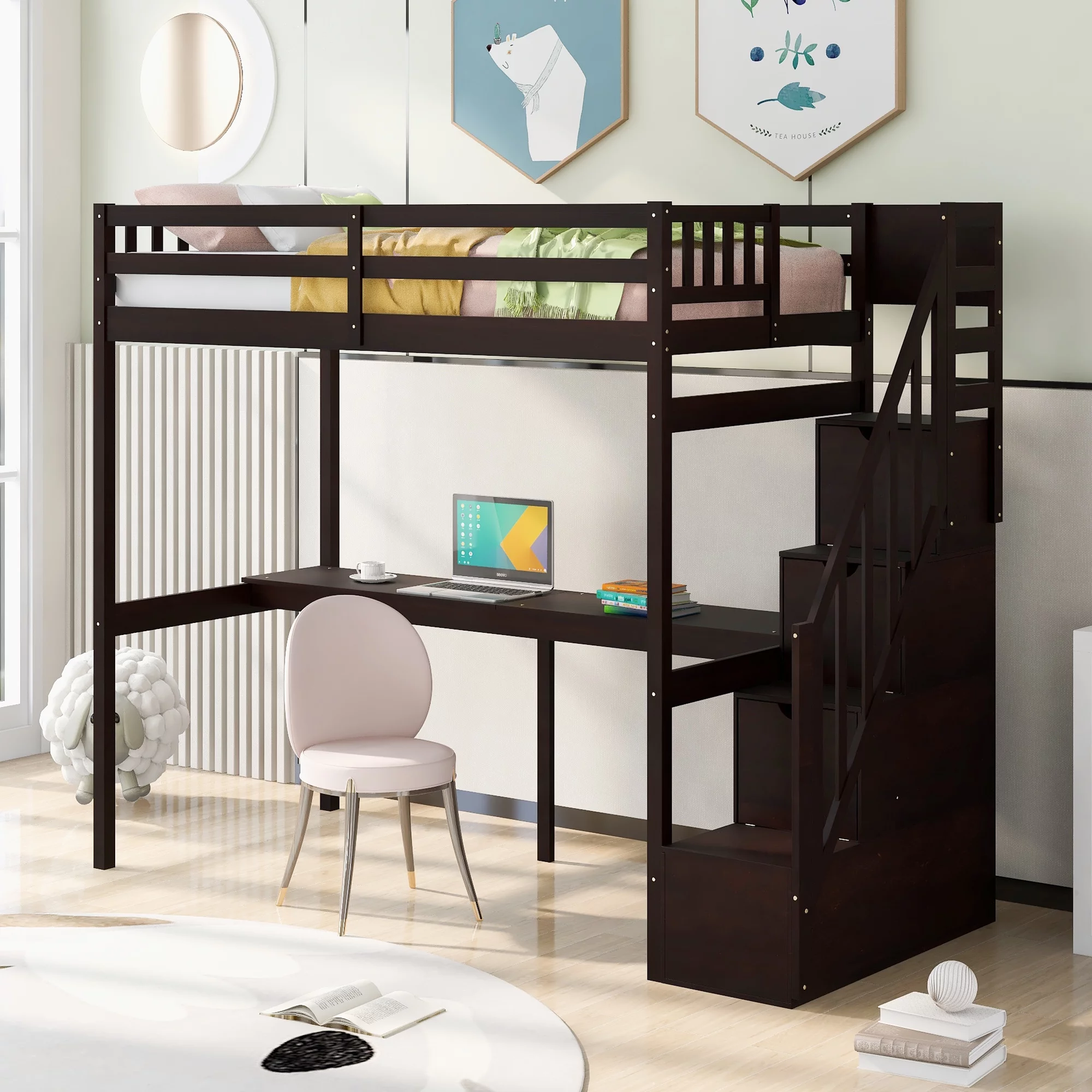EUROCO Twin Size Loft Bed with Storage Staircase and Desk for Kids Bedroom, Espresso