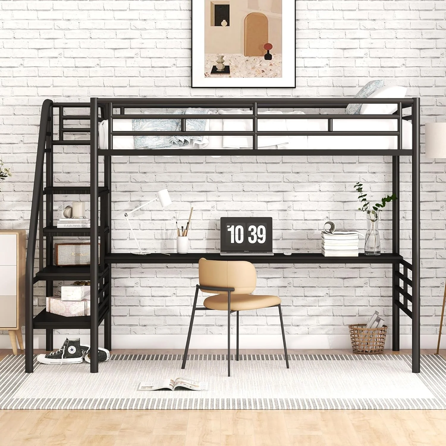 Metal Loft Bed With Desk, Size Loft Bed With Stairs Ad Workstatio Desk For Kids Tees, Space Savig Metal Loft Bed Frame,o Box Sprig eeded, Black