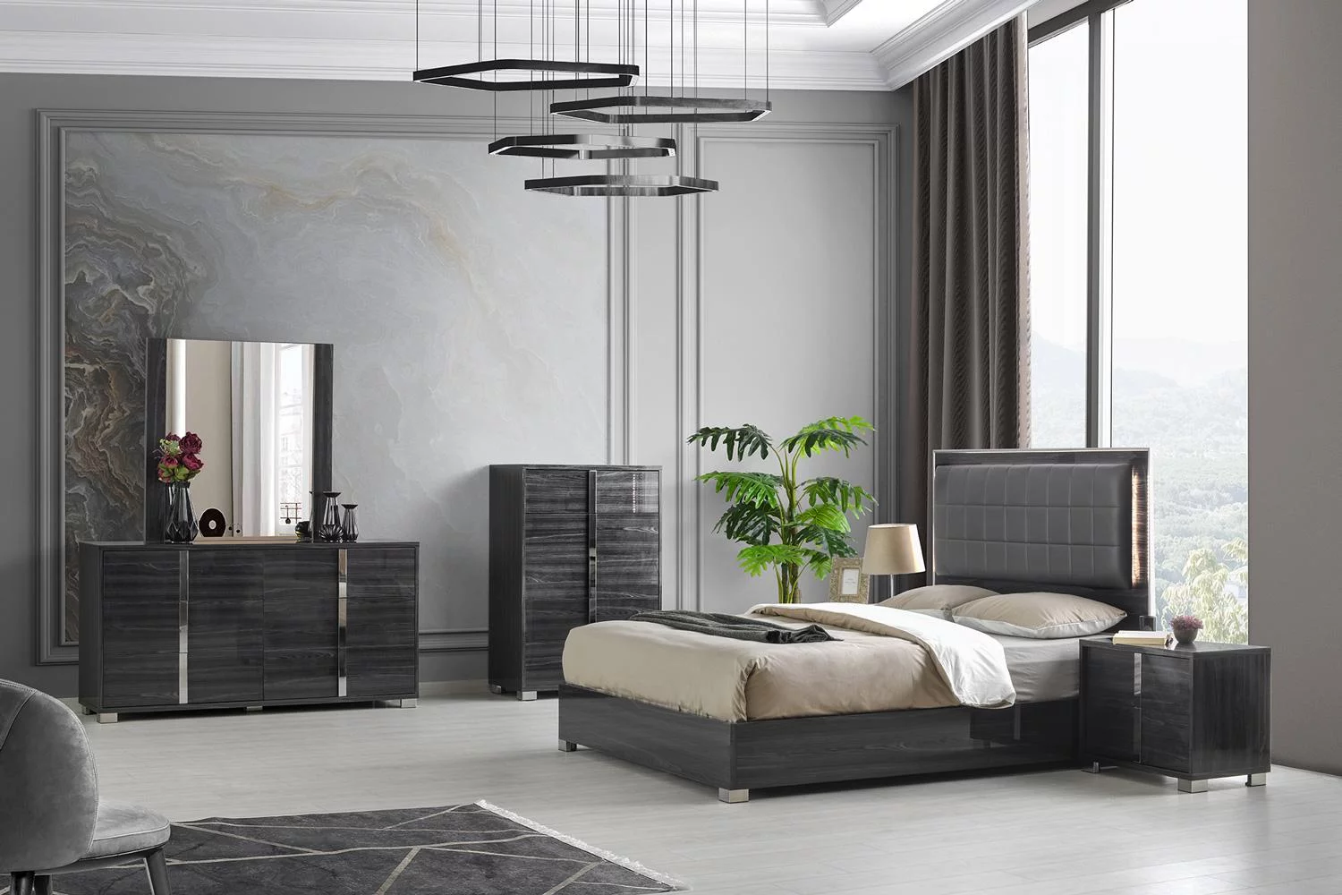 Gloss Grey Finish Queen Bedroom Set w/LED light 5Pcs Modern J&M Giulia