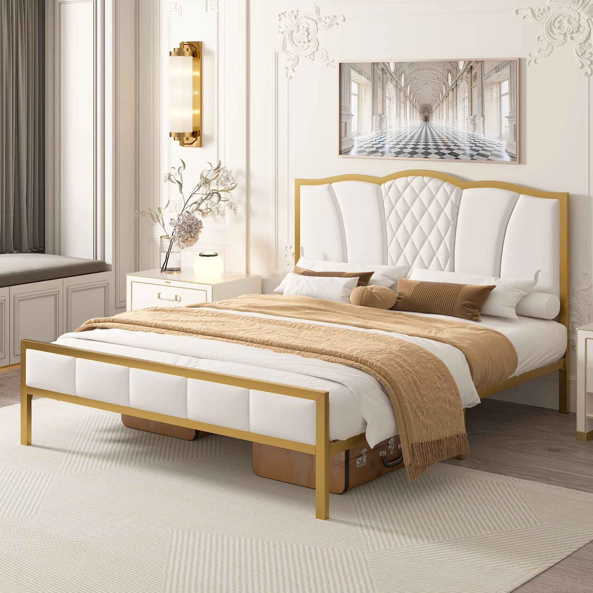 CoSoTower Queen Size Bed Frame, Modern Upholstered Bed Frame with Tufted Headboard, Golden Metal Platform Bed Frame with Wood Slat Support, Noise Free, No Box Spring Needed,Beige