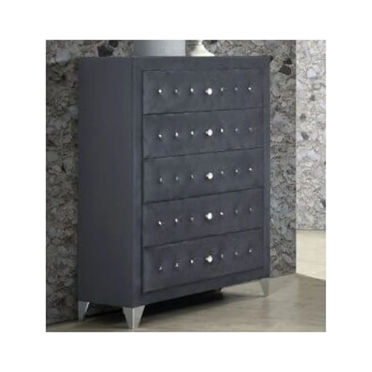 ACME Rectangular Upholstered 5-Drawer Dante Chest in Gray Velvet