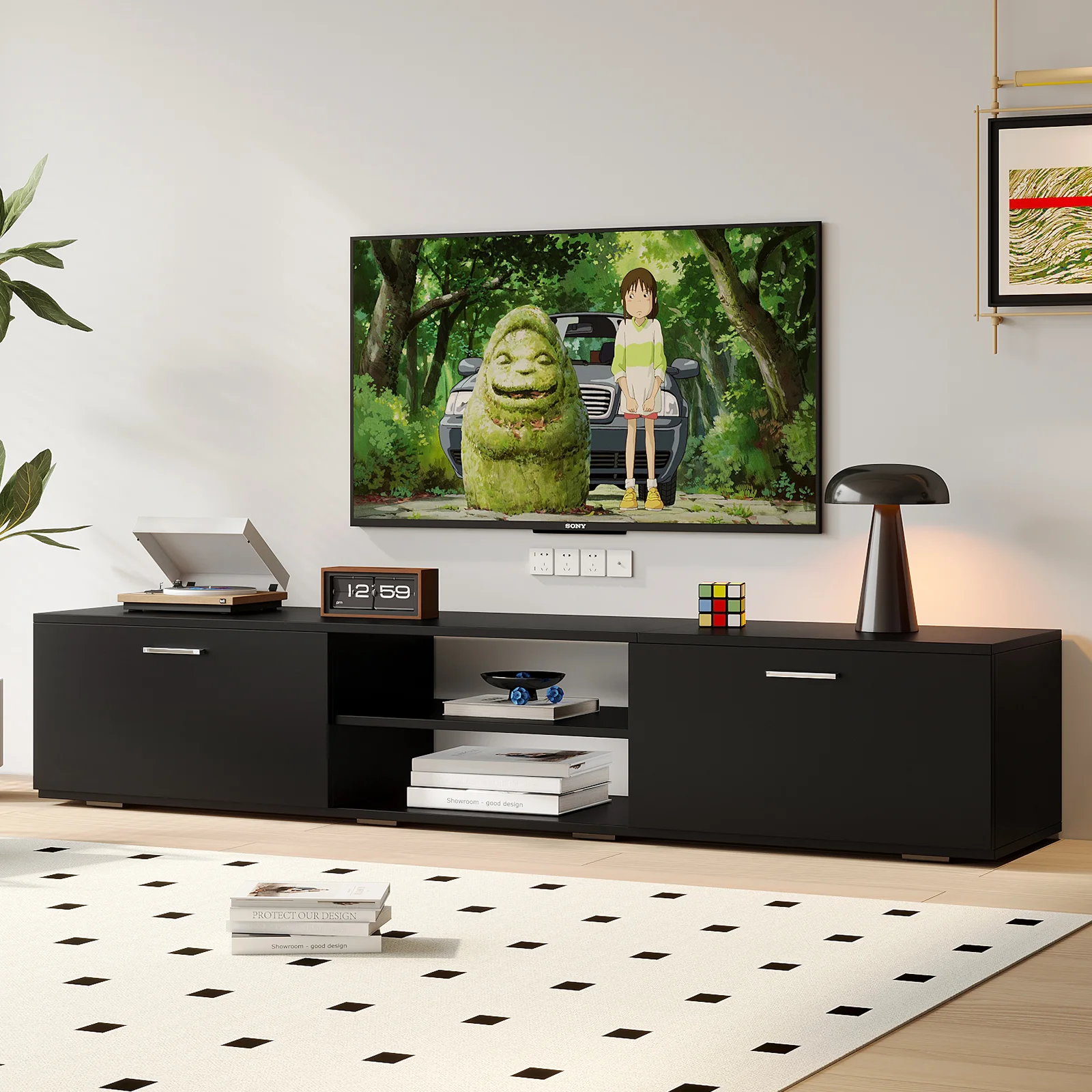 RichYa TV Stand for 65 + inch tv, Modern Entertainment Center with Drawers and Adjustable Glass Shelves, Wood Media Console Table with Storage Cabinet for Living Room Bedroom, Black