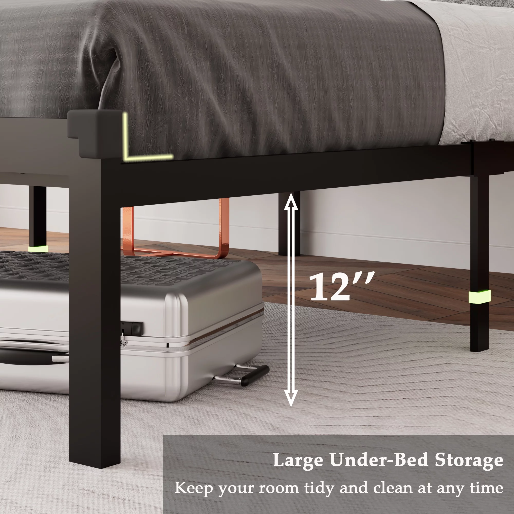 Queen Size Metal Bed Frame with Faux Leather Button Tufted Headboard, Heavy-Duty Platform Bed Frame with 12'' Storage, Steel Slats Support, No Box Spring Needed, Noise Free, Black