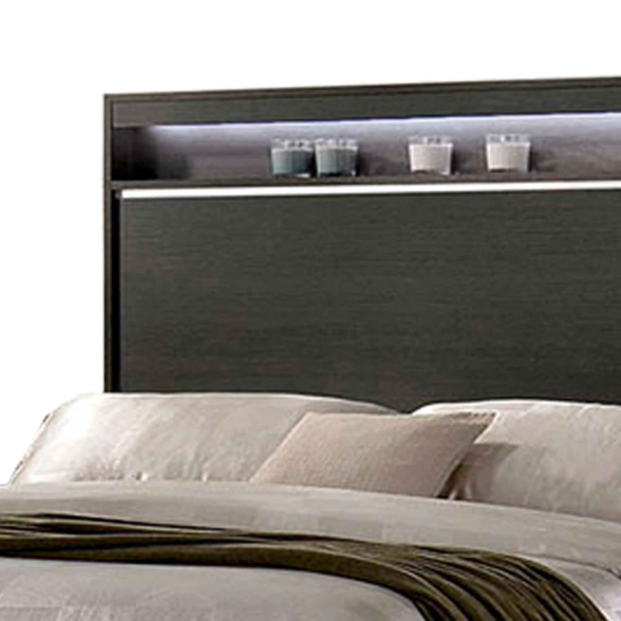 Benjara BM217466 Transitional Wooden Platform Bed with Chrome Trim Accents, Gray - Queen Size